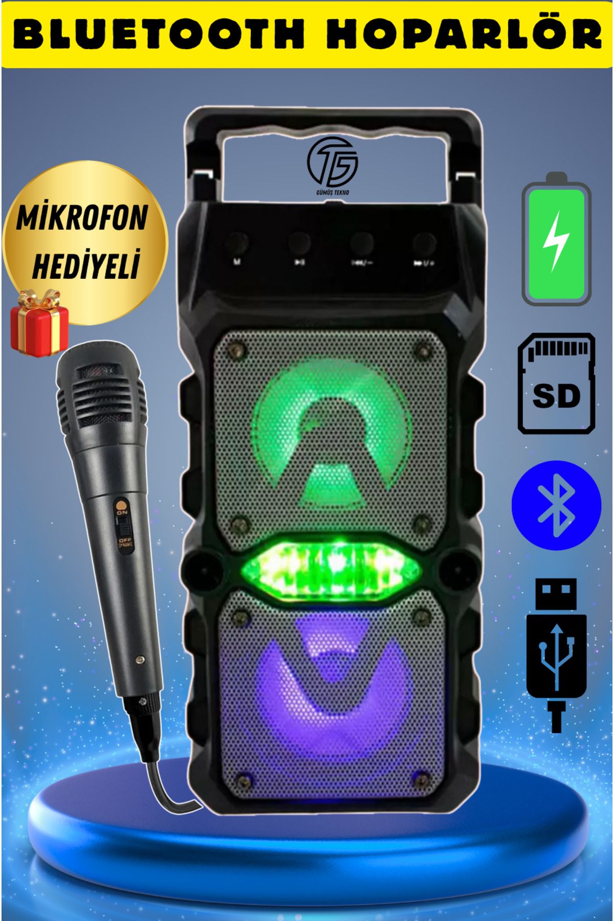 GÜMÜŞTEKNO Bluetooth Hoparlör Parti Hoparlörü Mikrofon Hediyeli Işıklı Ses Bombası Radyo Usb Sd Girişli Speaker