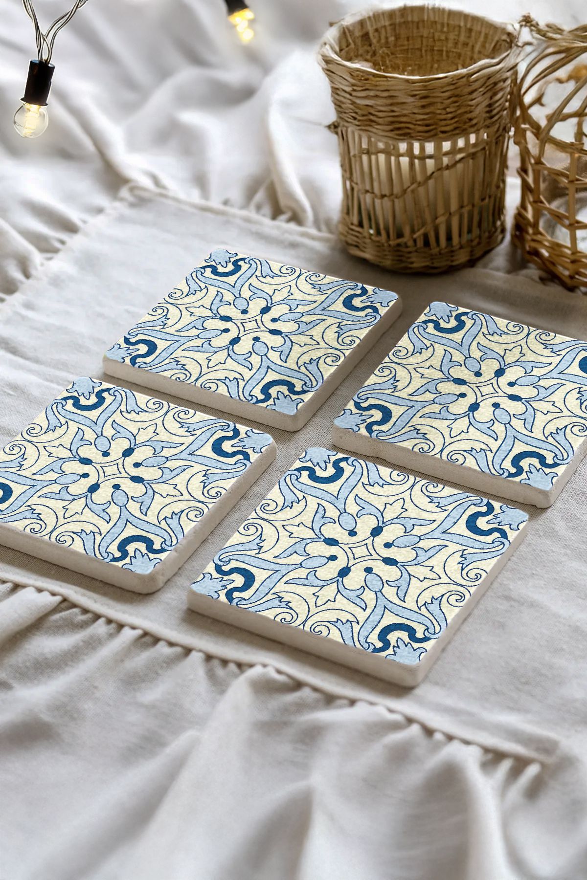 Sionar Saray Çiçeği Mozaik Desenleri Taş Traverten Fincan Bardak Altlığı 4'lü Set 10x10x1cm