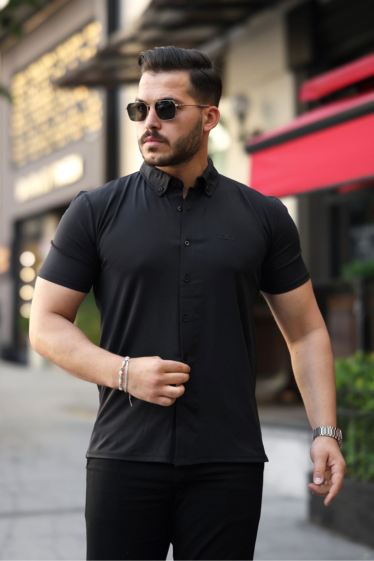 REFRESH Style Erkek Siyah Kısa Kollu Düğmeli Yaka Gömlek