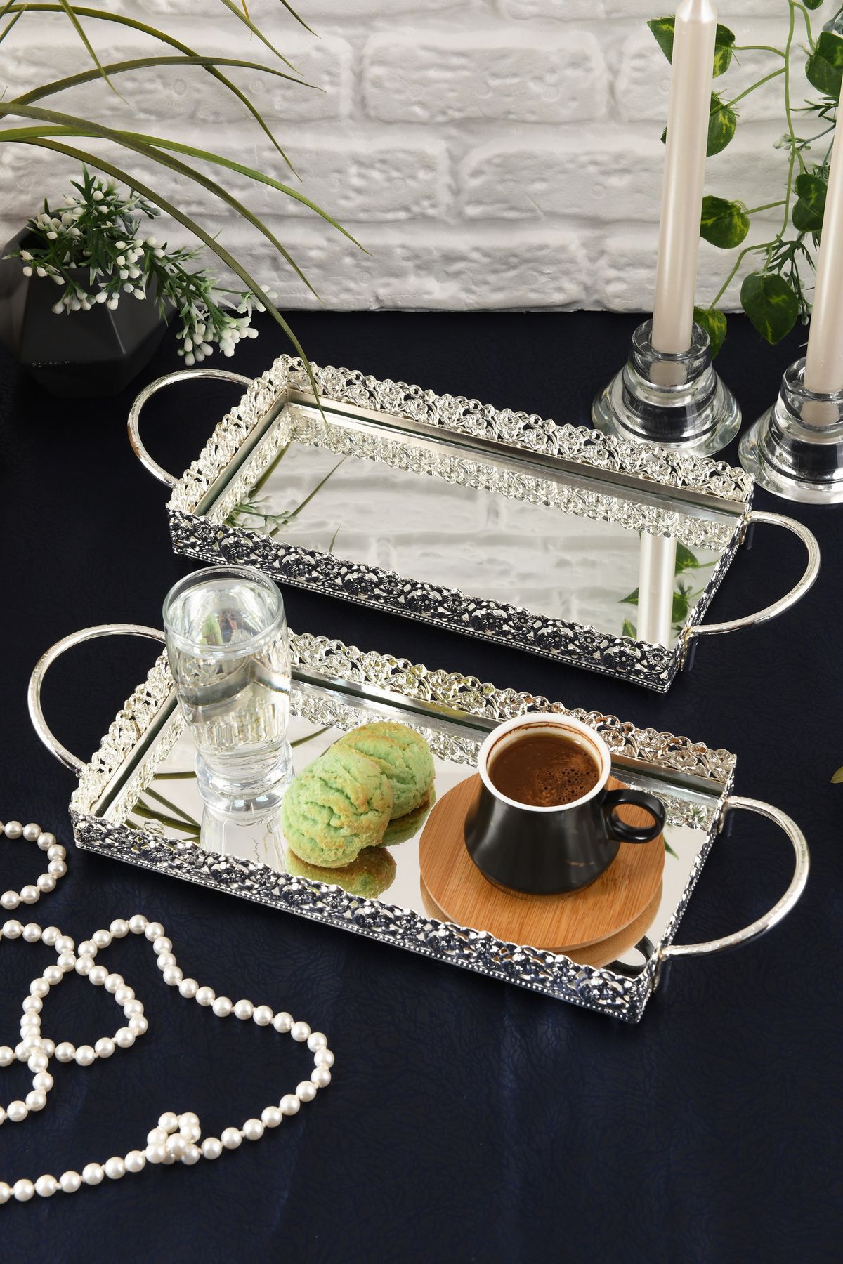 HELVACIOĞLU AKSESUAR 2 Adet Aynalı Kulplu Kahve , Çay , Çikolata Sunum Tepsisi 12x25 Cm