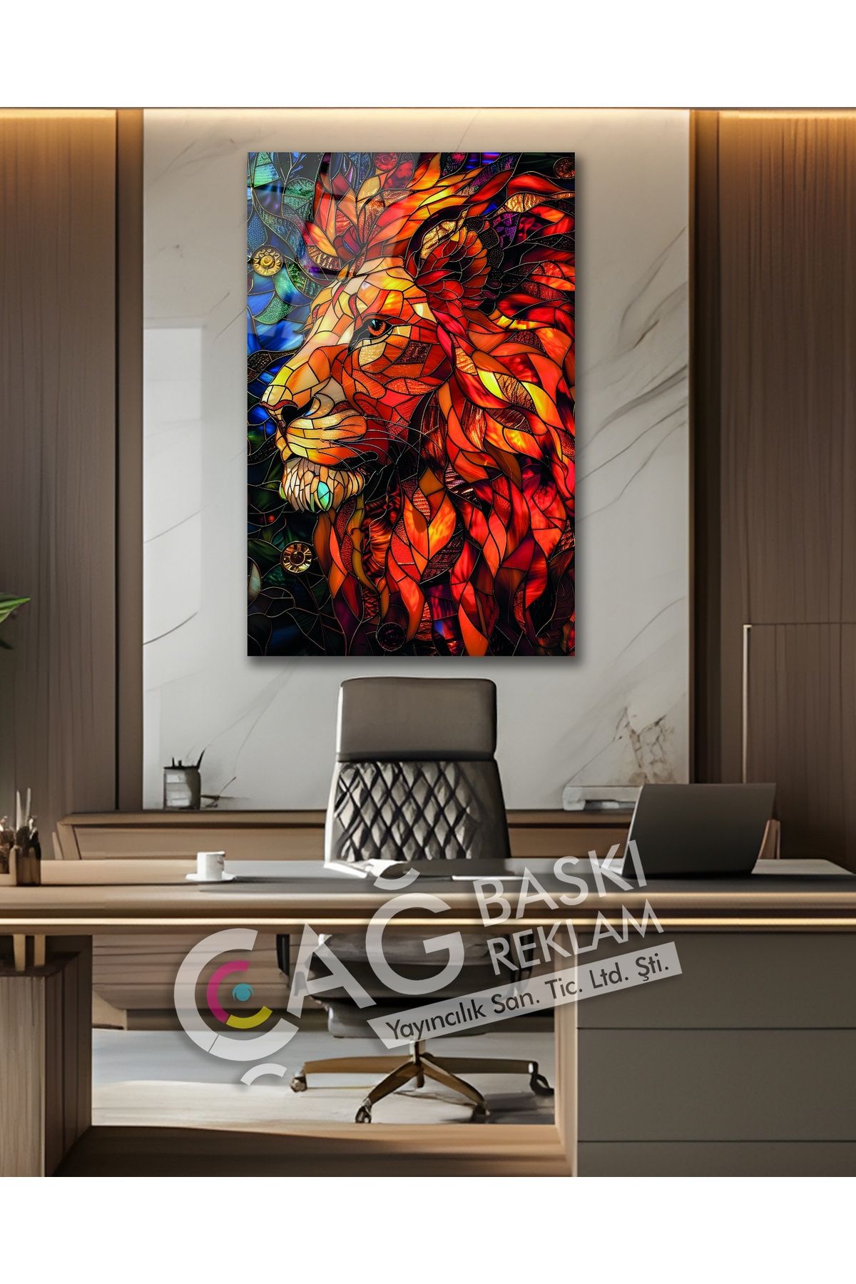 Çağ Baskı Aslan Kral Avcı Yırtıcı Vitray Görünüm Cam Tablo Modern Ev Ofis Salon Duvar Oda Dekoru Hediyelik