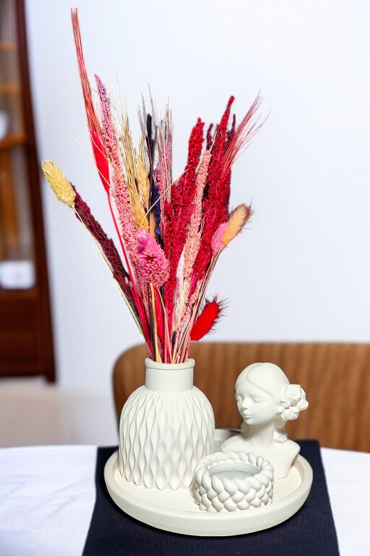 BESAGU HOME Dekoratif 4 Parça Vazo Seti - Vazo, Yuvarlak Tepsi, Tealight Mumluk, Dekoratif Kız