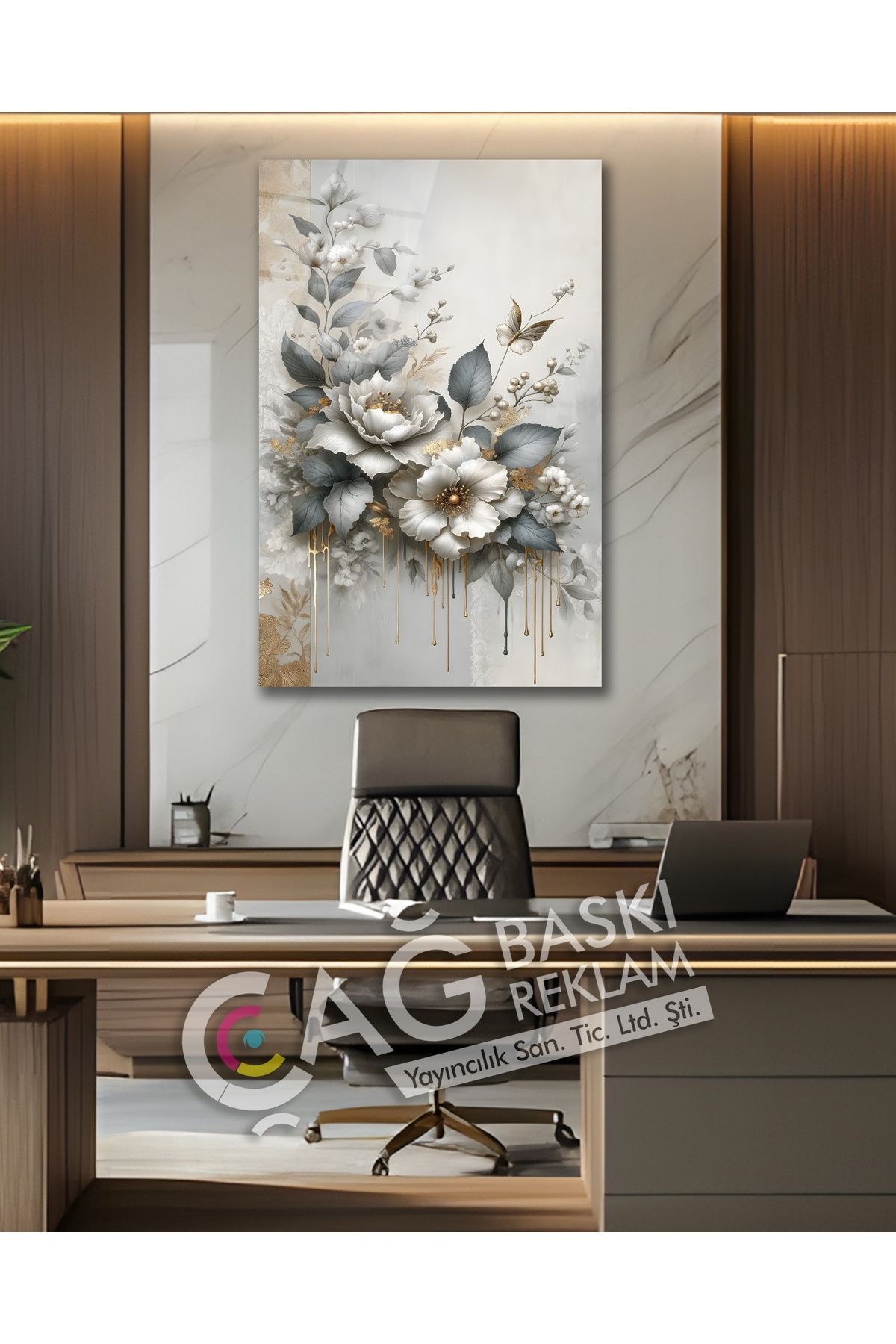 Çağ Baskı Çiçek Flower Göz Alıcı Estetik Şık Cam Tablo Modern Ev Ofis Salon Duvar Oda Dekoru Hediyelik