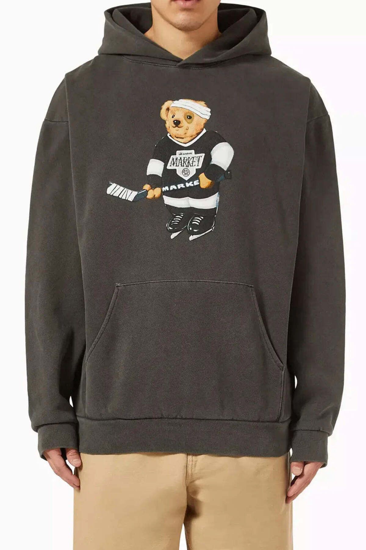 American Rag Cie Erkekler için Hockey Bear Kapüşonlu Sweatshirt - Siyah Pamuk Ceketi