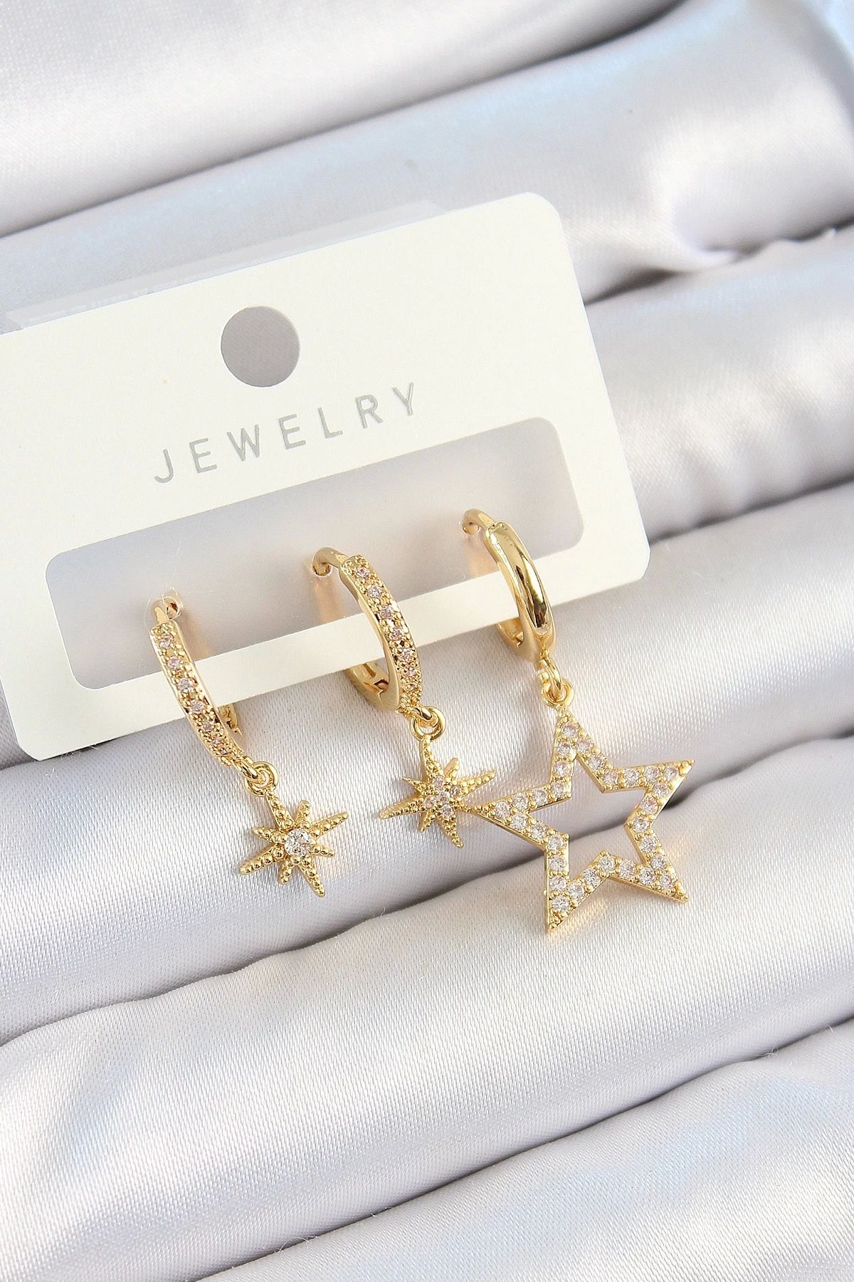Clariss Pirinç Zirkon Taşlı Yıldız Model Gold Renk 3'lü Çift Kadın Küpe Set