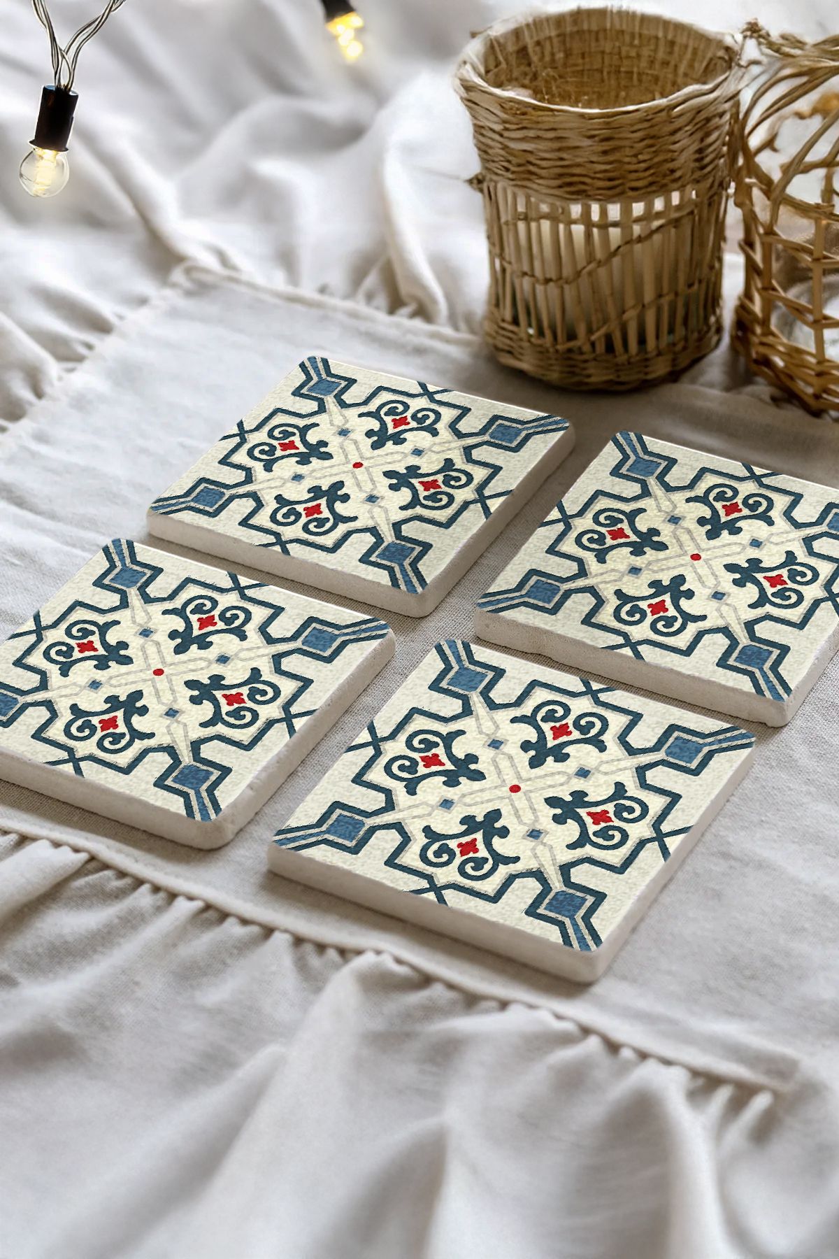 Sionar Kervansaray Mozaik Desenleri Taş Traverten Fincan Bardak Altlığı 4'lü Set 10x10x1cm