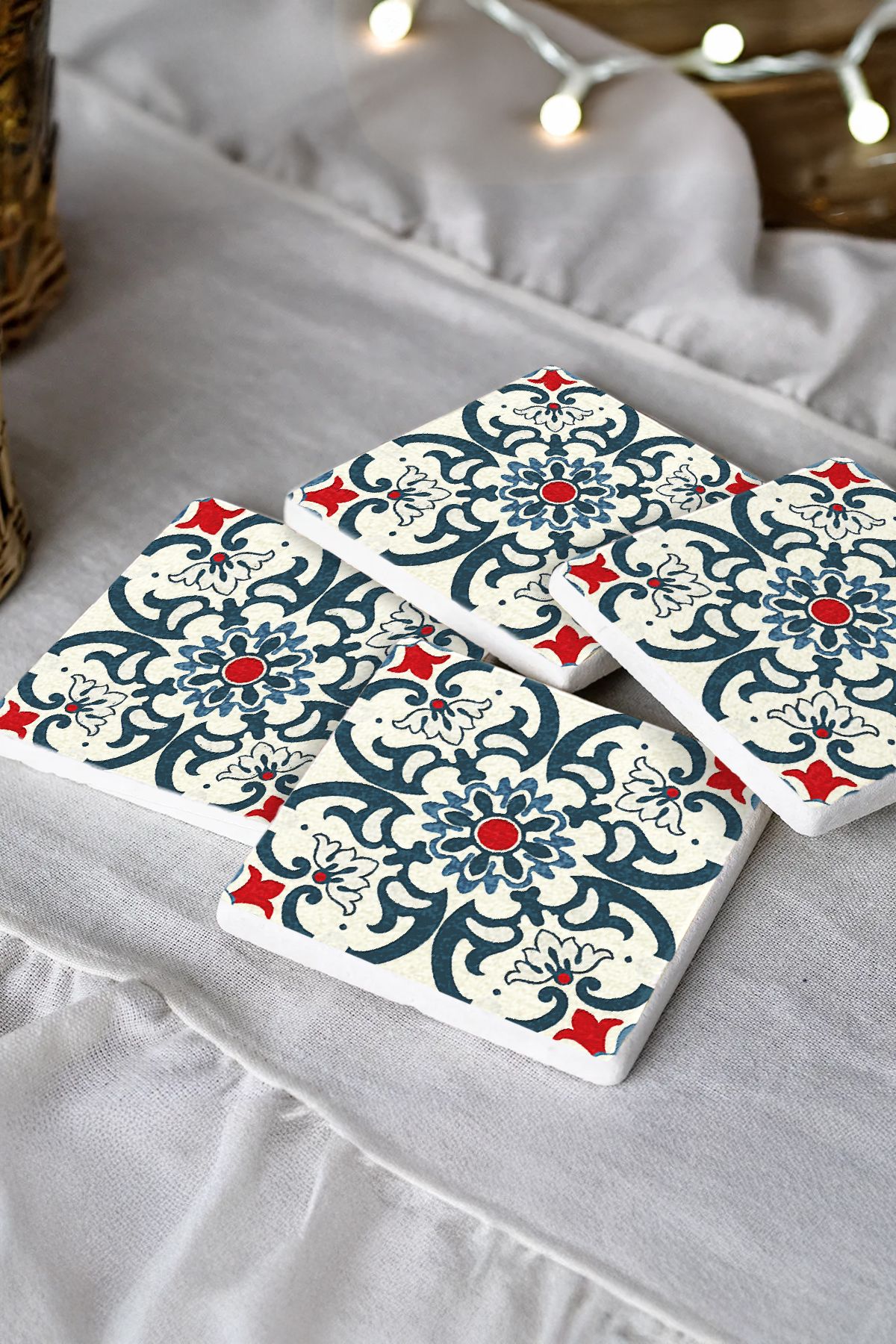Sionar Elbrana Mozaik Desenleri Taş Traverten Fincan Bardak Altlığı 4'lü Set 10x10x1cm