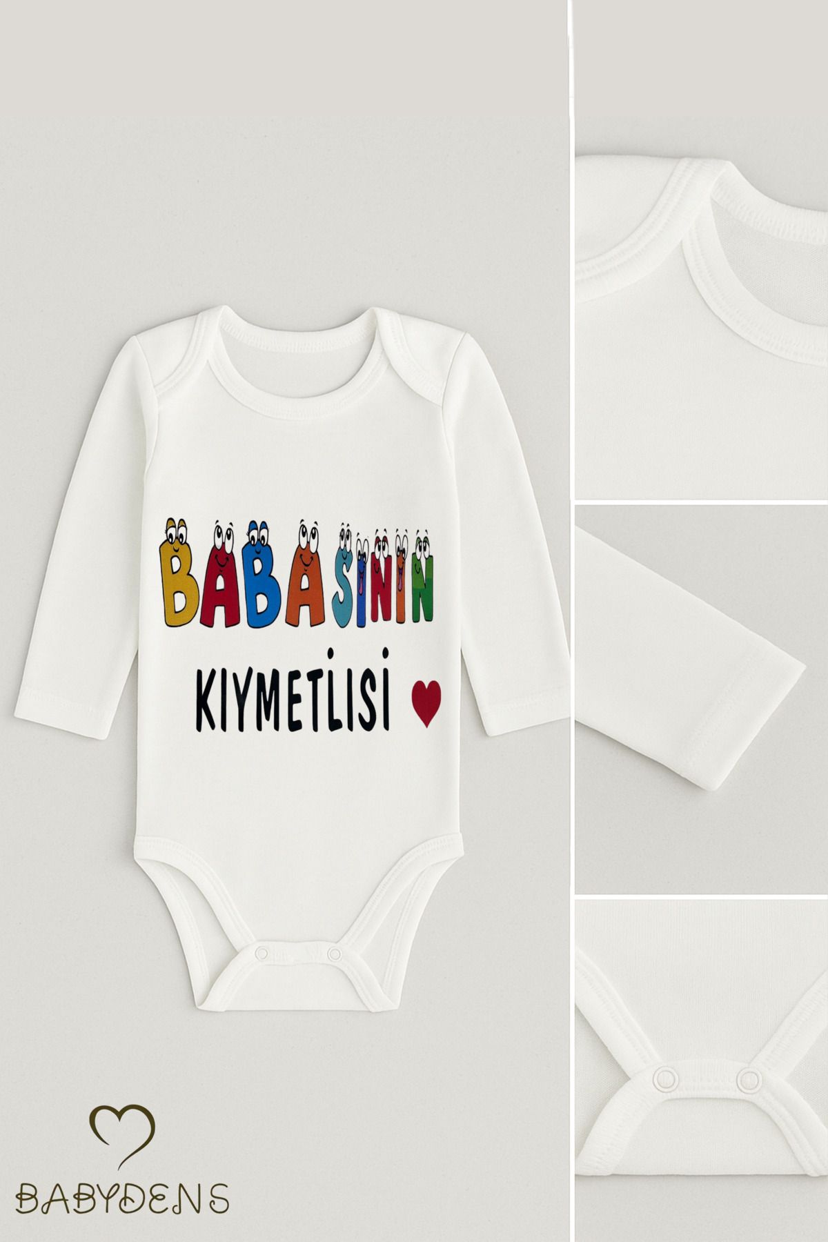 BABYDEN'S “Babasının Kıymetlisi” Yazılı %100 Pamuk Body Uzun Kollu Bebek Zıbını 0-24 Ay Renkli Baskılı Body