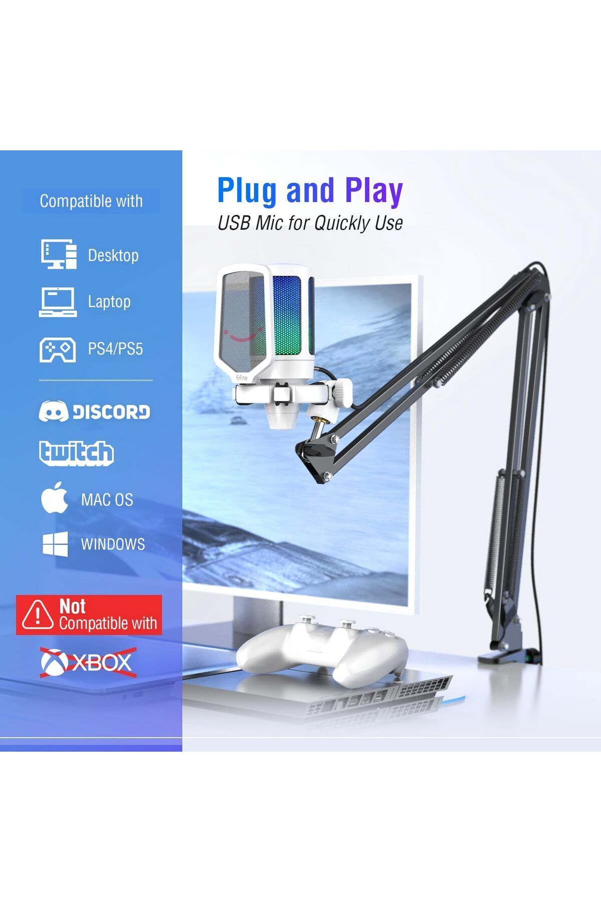 Fifine-Streaming Gaming USB Microphone Kit, PC Condenser RGB Mic Compatible with PS4/PS5, Plug and P 9