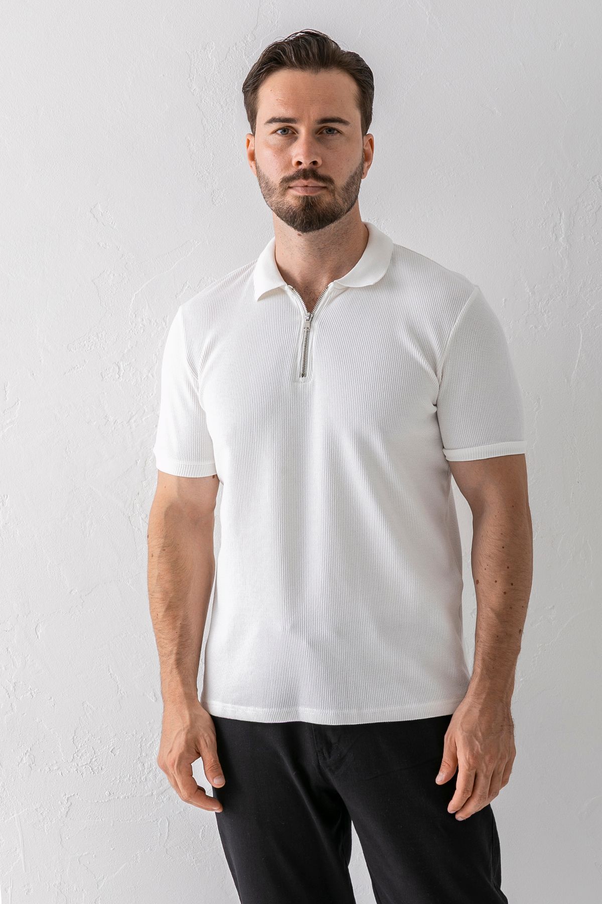 JB John Borners Erkek Polo Yaka Fermuar Detaylı Dokulu T-Shirt Beyaz - 2914