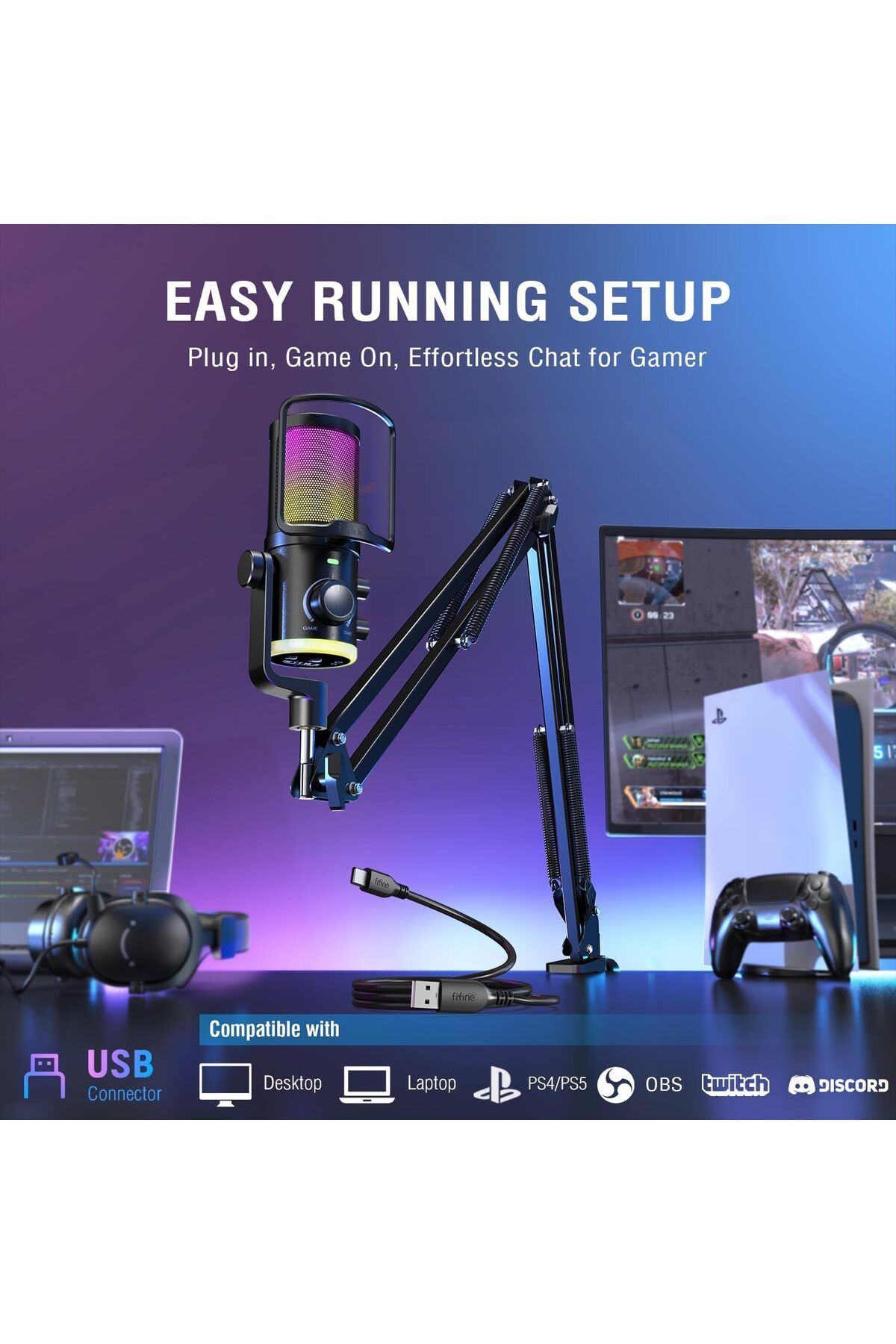 Fifine-AM6T USB Streaming Microphone for PC Gaming, Professional Condenser Mic with RGB, Noise Cance 9