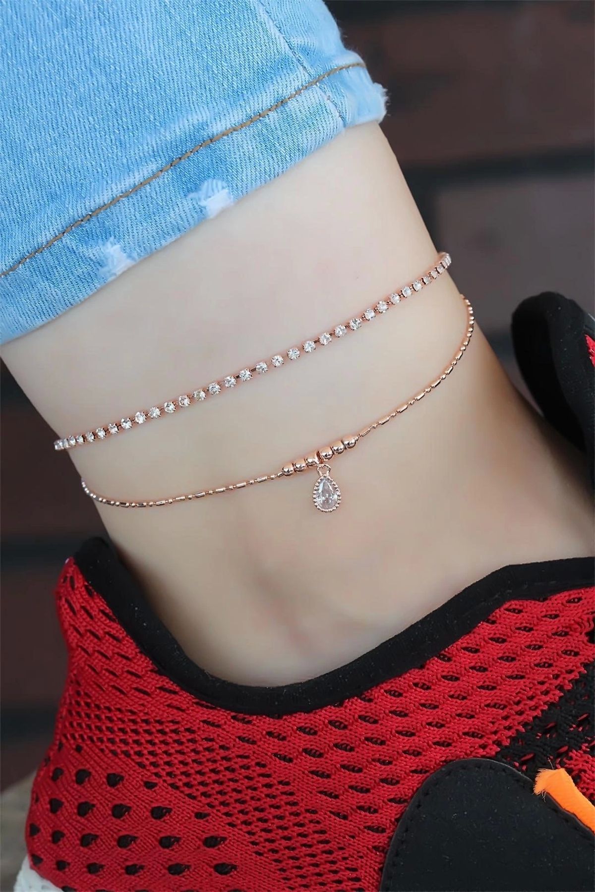 Moco Zirkon Taşlı Rose Renk Kaplama Çift Zincirli Hal Hal