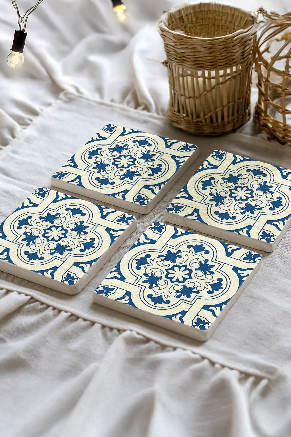 Sionar Akdeniz Yansısı Mozaik Desenleri Taş Traverten Fincan Bardak Altlığı 4'lü Set 10x10x1cm