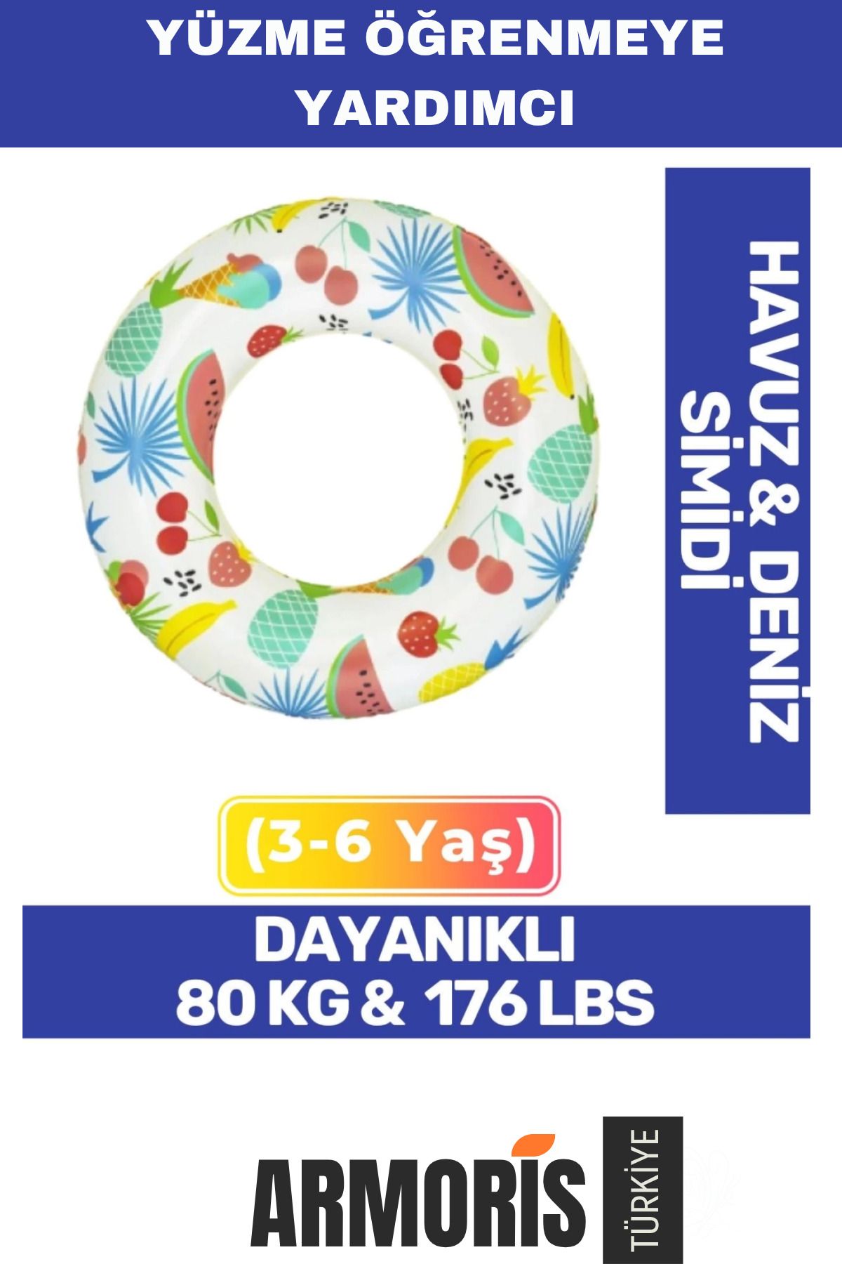 Armoris Yeni 80 kg 176 lbs Çocuk 3-6 Yaş 61 Cm Meyve Desenli Deniz Havuz Yüzme Simit