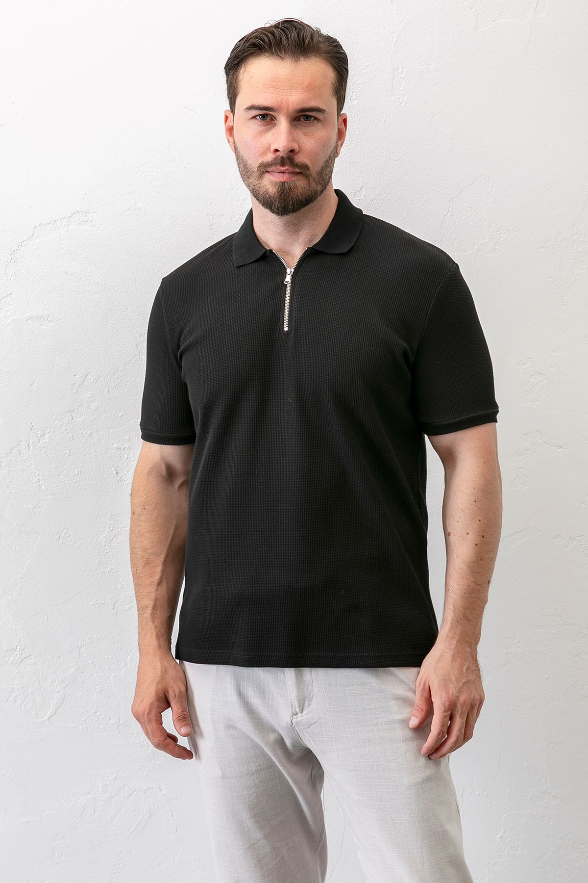 JB John Borners Erkek Polo Yaka Fermuar Detaylı Dokulu T-Shirt Siyah - 2914