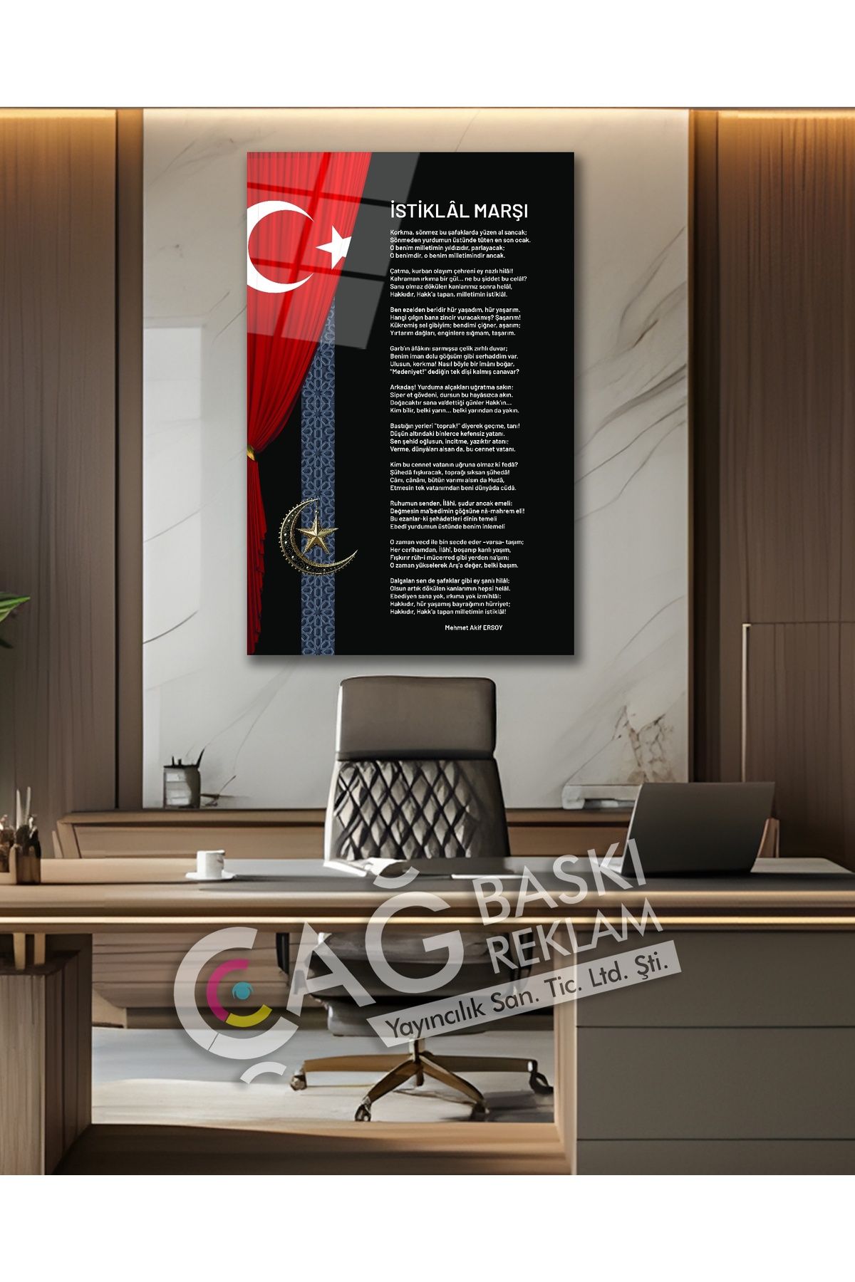 Çağ Baskı İstiklal Marşı Mehmet Akif Ersoy Cam Tablo Modern Ev Ofis Salon Duvar Oda Dekoru Hediyelik