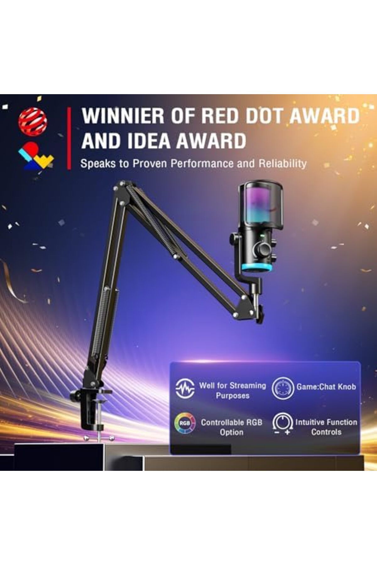 Fifine-AM6T USB Streaming Microphone for PC Gaming, Professional Condenser Mic with RGB, Noise Cance 4