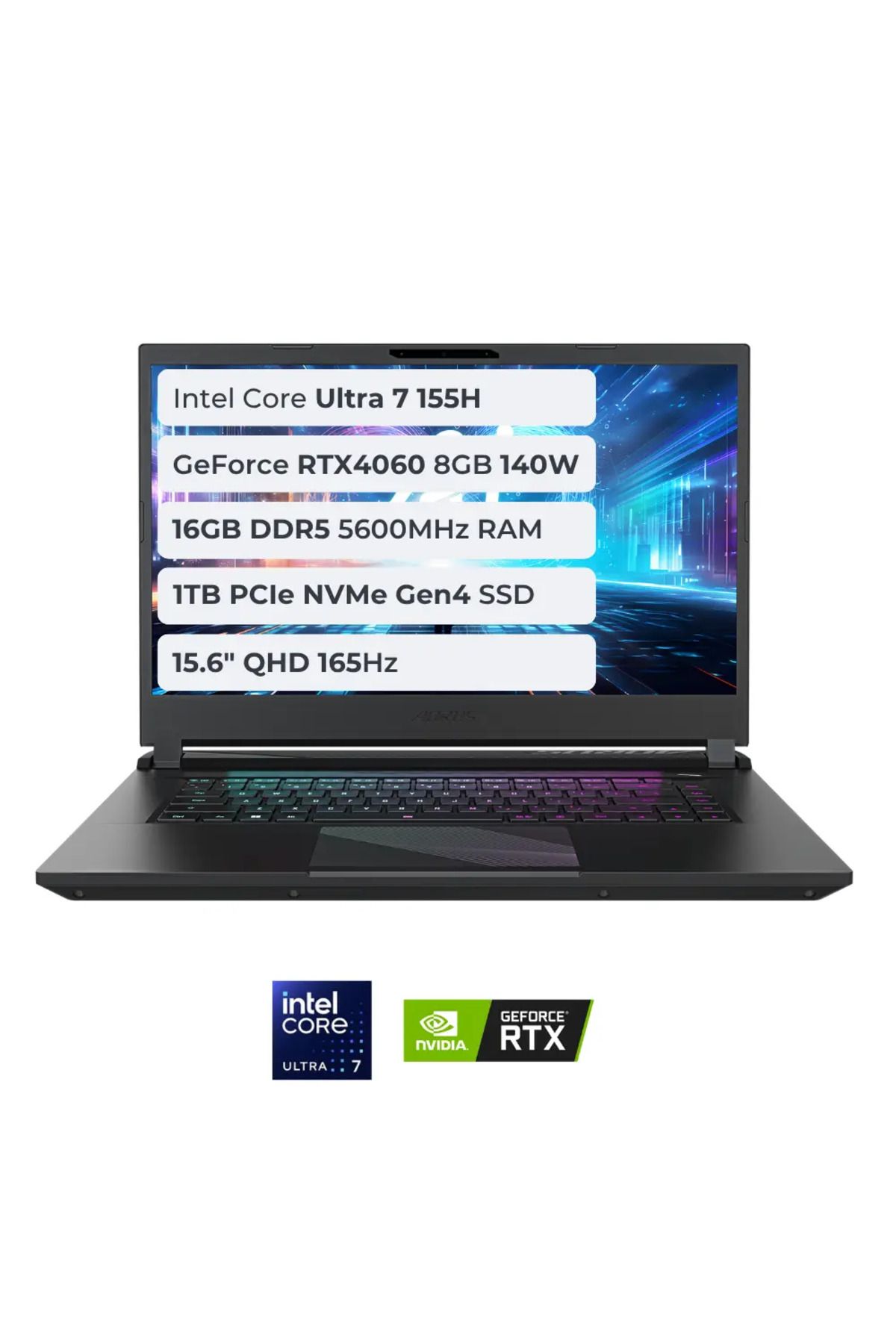 Gigabyte Aorus 15 BKG-13TR754SH Ultra 7 155H 16GB 1TB SSD 8GB RTX4060 140W 15.6 QHD 165Hz Windows 11  uyumlu