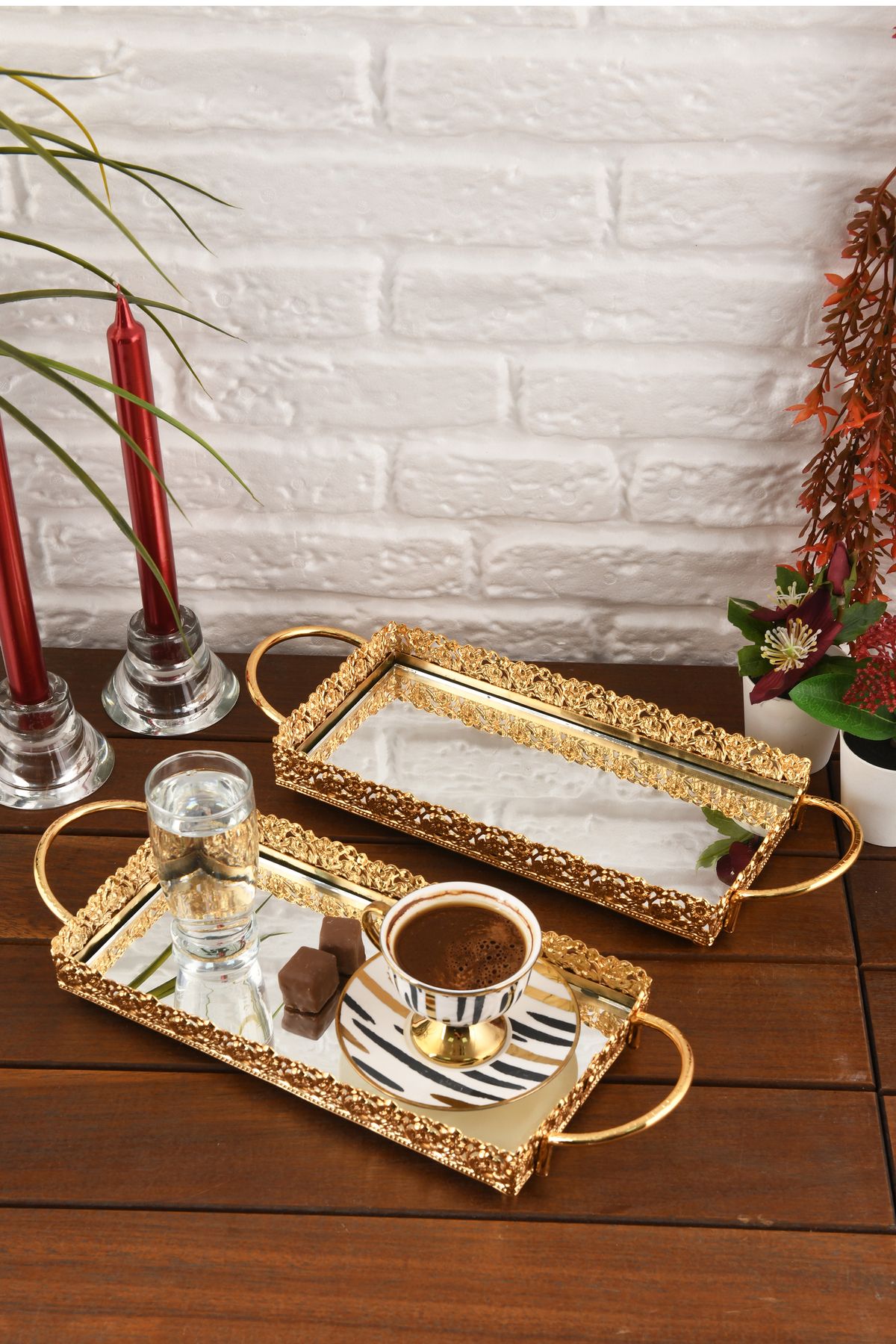HELVACIOĞLU AKSESUAR 2 Adet Aynalı Kulplu Kahve , Çay , Çikolata Sunum Tepsisi 12x25 Cm