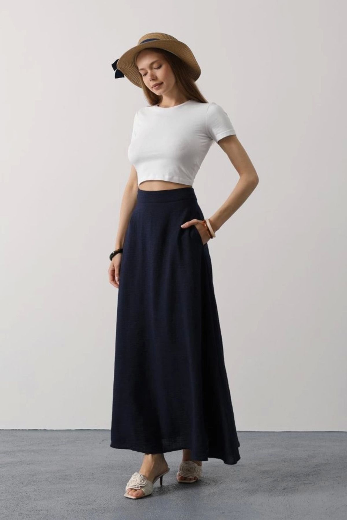 Omarı Keten Etek - Trendy Lacivert