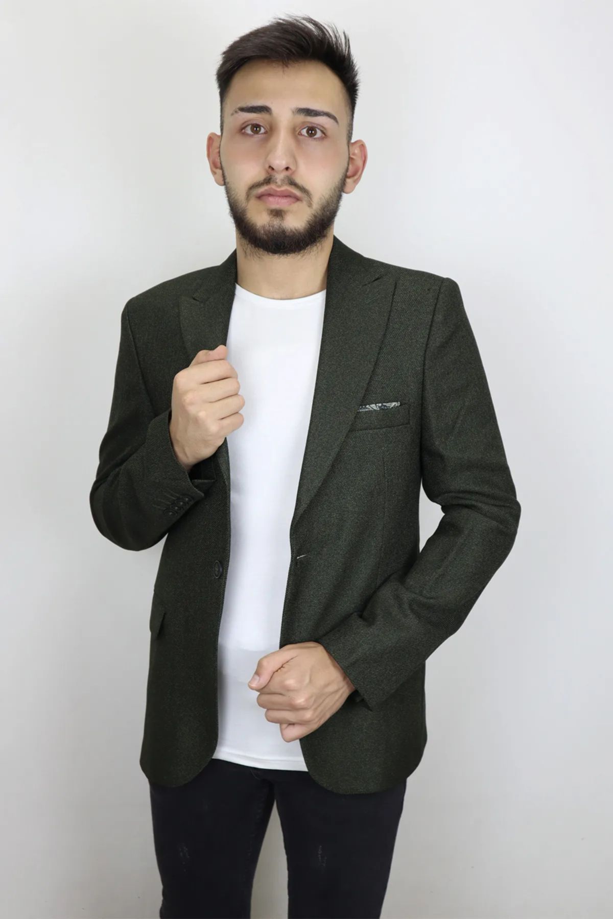 DUAYEN DMC TEKSTİL Erkek Haki Yeşil İtalyan Kesim Dar Kalıp Tek Düğme Yazlık Blazer Ceket