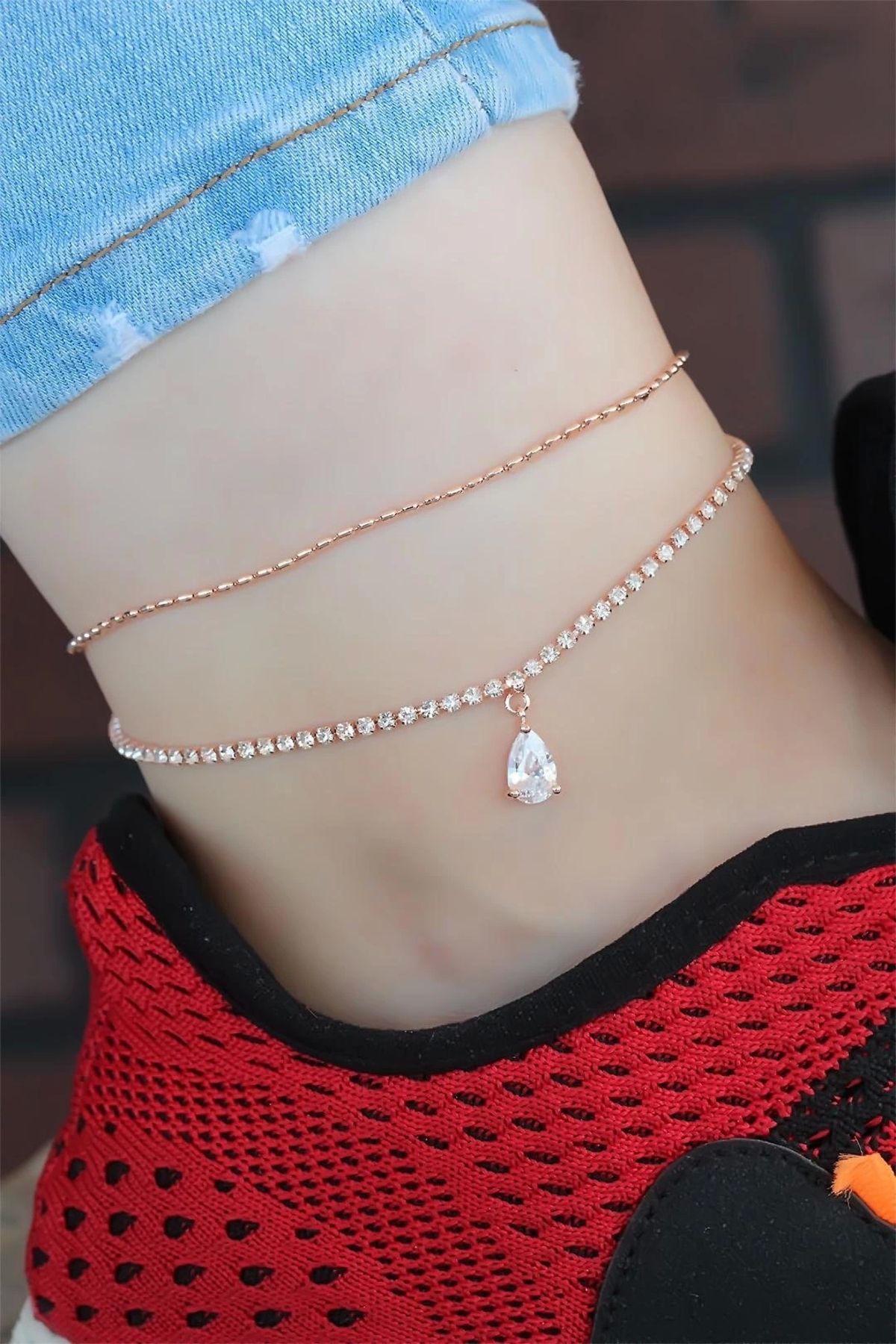 Moco Zirkon Taşlı Rose Renk Çift Zincirli Hal Hal