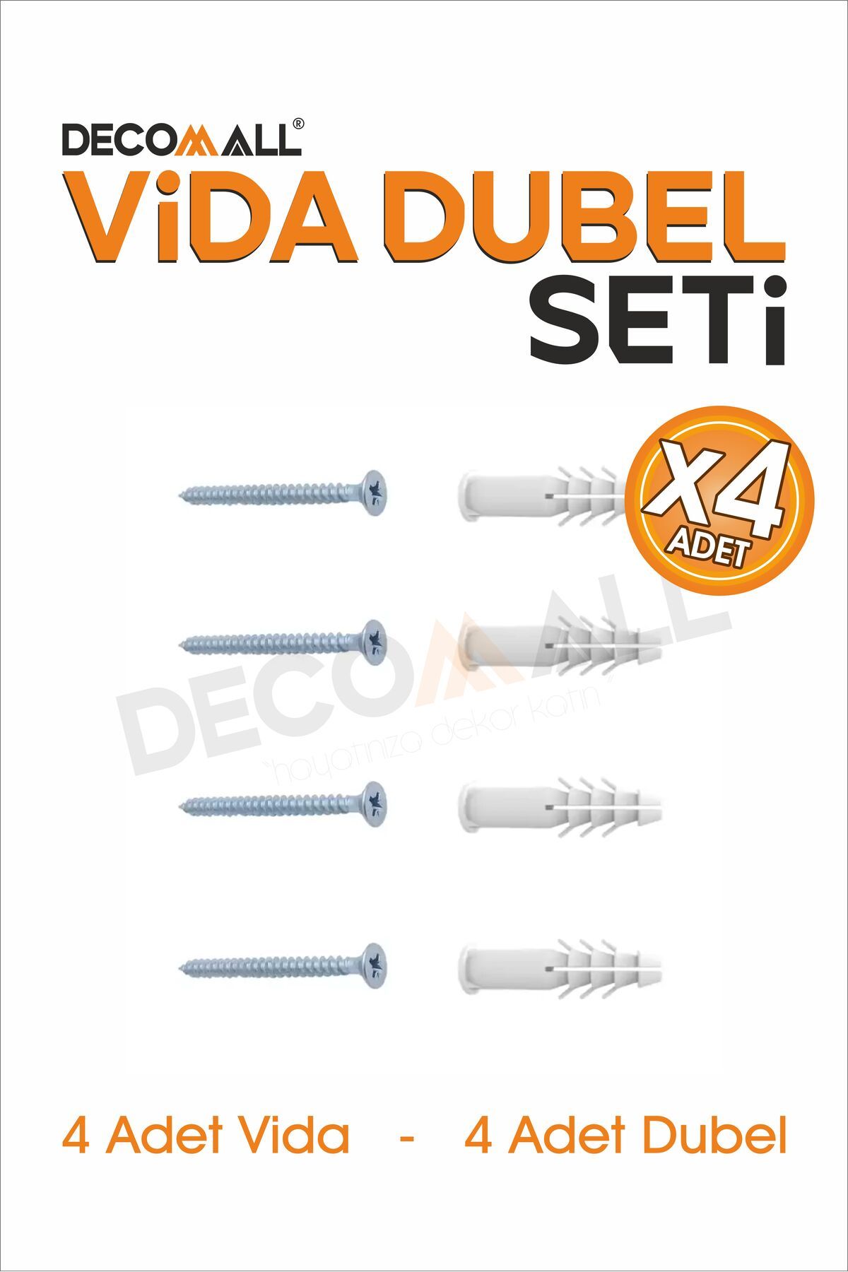 DECOMALL VİDA DUBEL SETİ 4 ADET VİDA 4 ADET DUBEL YILDIZ BAŞLI