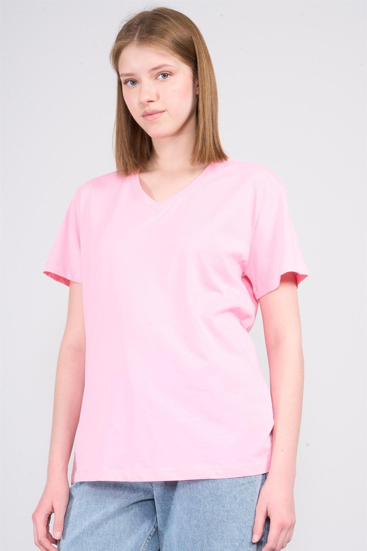 FİTHİT Çetinkaya Fithit 3265 V Yaka Basic T-shirt Açık Pembe