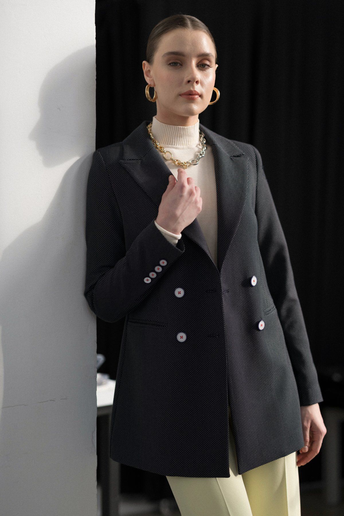 Nihan Kruvaze Blazer Poly. Viskon Ceket Lacivert