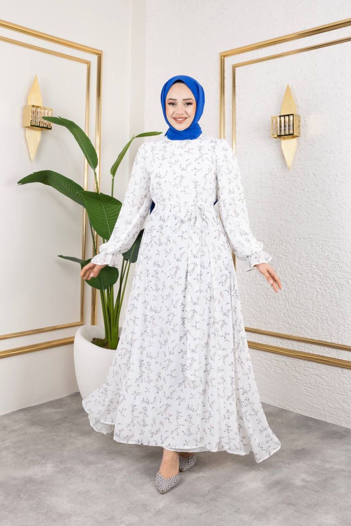 MODA Lacivert Dal Desenli Beyaz Şifon Tesettür Elbise