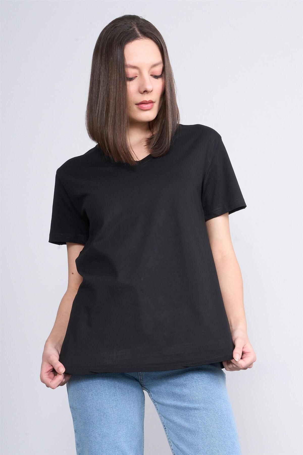 FİTHİT Çetinkaya Fithit 3265 V Yaka Basic T-shirt Çağla Siyah