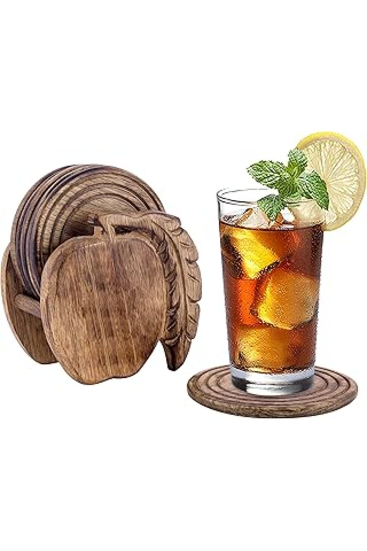 ASİTAN Divit Coasters 6'Lı Set El Yapımı Ahşap Bardak Altlığı: Çevre Dostu, Emici, Antik Görünümlü. (Apple