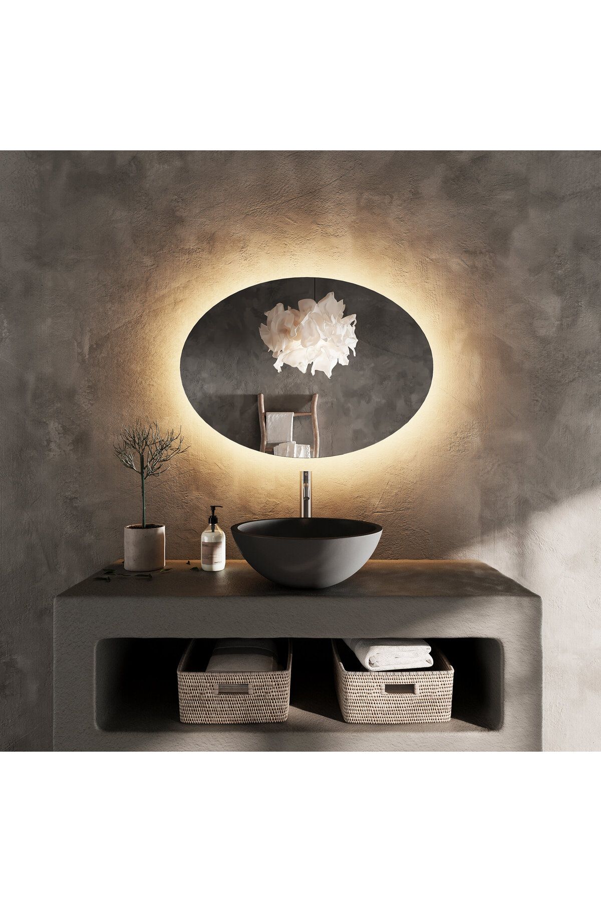 Aypars Atölye 40x56 Oval LED Banyo Aynası – Beyaz & Gün Işıklı Flotal Cam Ayna, Modern Duvar Dekoru