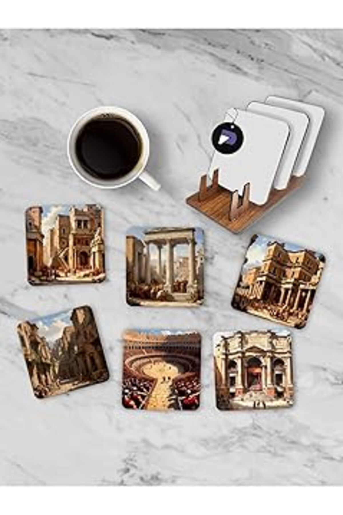 Qedii Postermanya (Pster21262) Antik Roma Standlı Ahşap Bardak Altlığı Seti, 6 Adet Baskılı Bardak Fincan