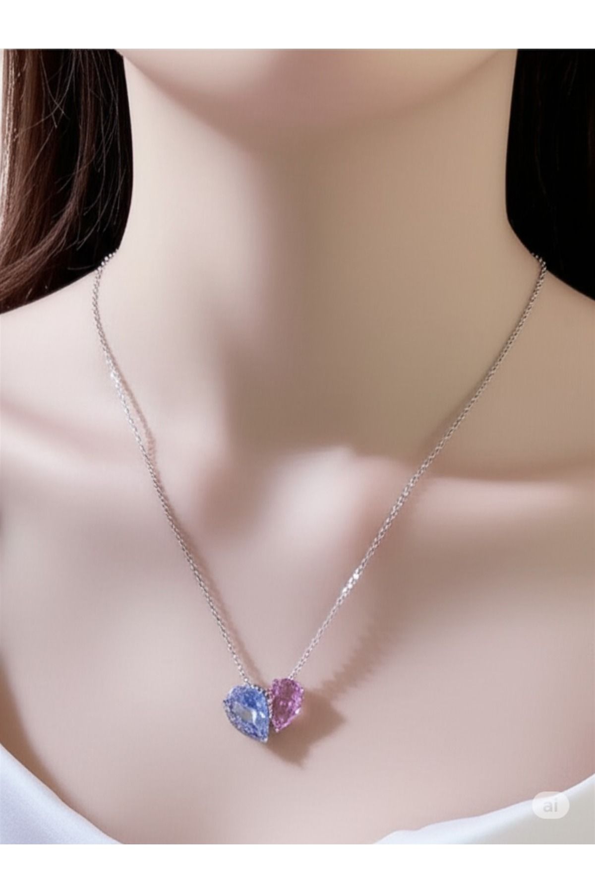 FAMEMUS ACCESSORY İkili Kalp Tasarımlı Zarif Çelik Kolye – Mor & Mavi Taşlı
