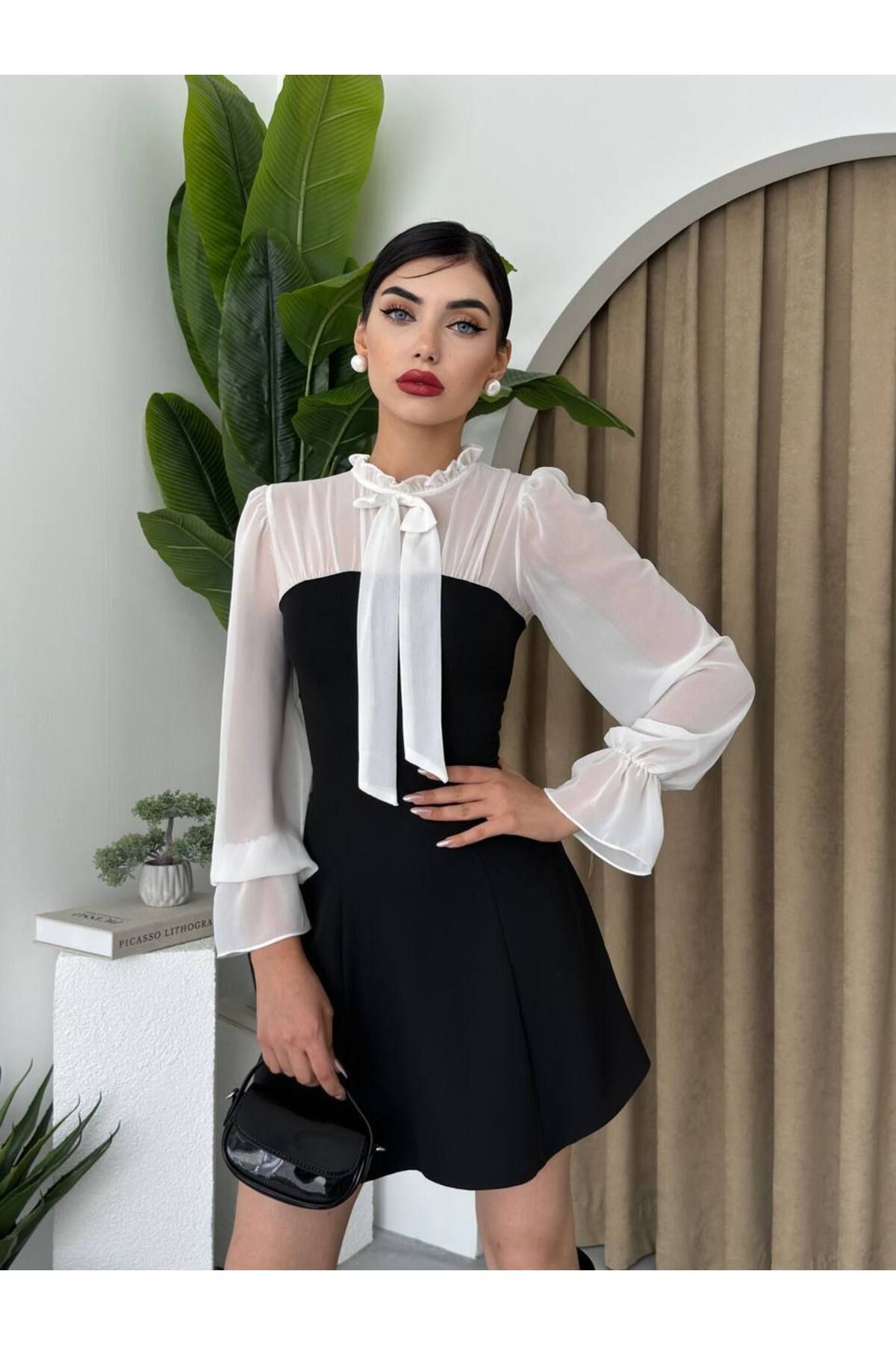 ETİKAFASHION Şifon Detaylı Mini Kloş Elbise