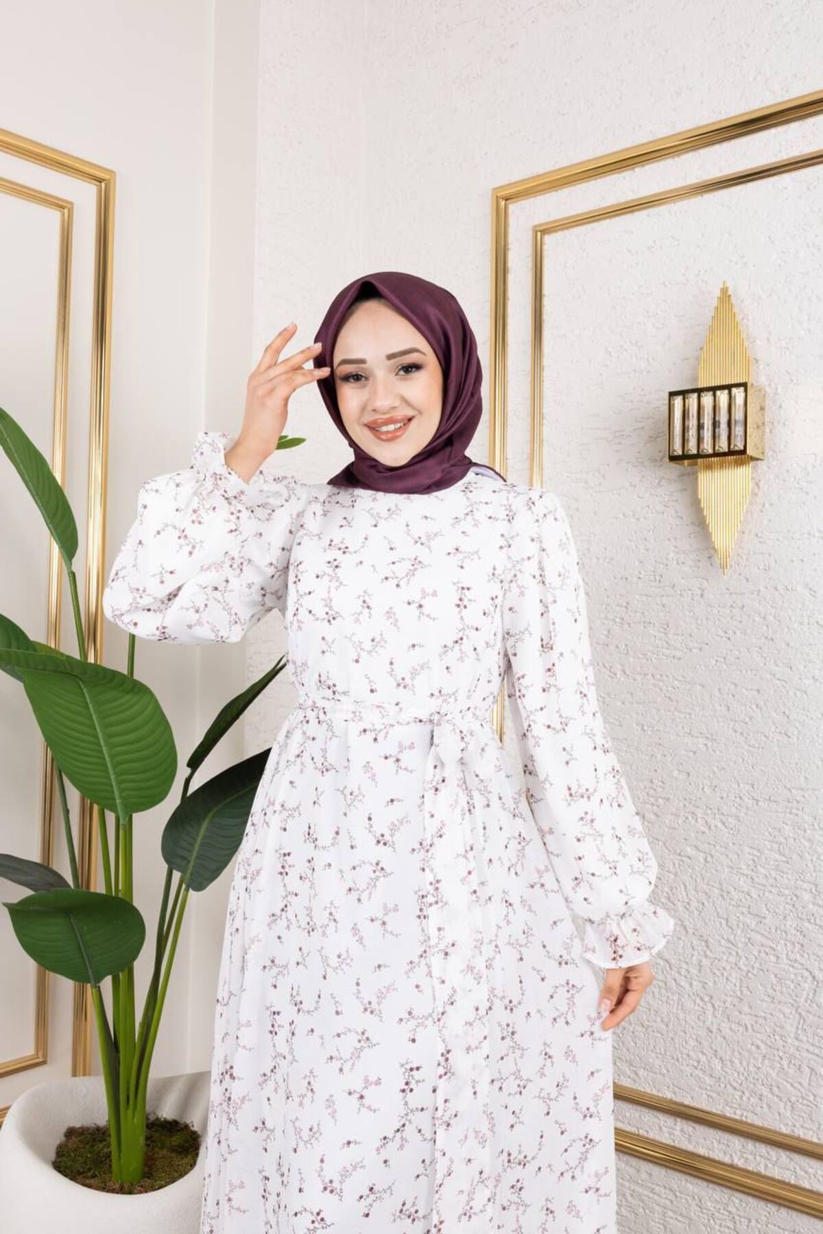 MODA Bordo Dal Desenli Beyaz Şifon Tesettür Elbise