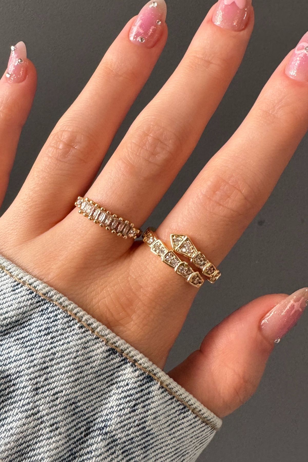 H&E DESIGN Kadın 2'li Gold Zirkon Taşlı Ayarlanabilir Yüzük Seti