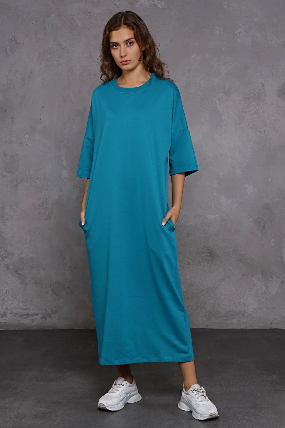 TF The Fancy For You Kadın Bisiklet Yaka Truvakar Kol Çift Cepli Oversize Uzun Elbise