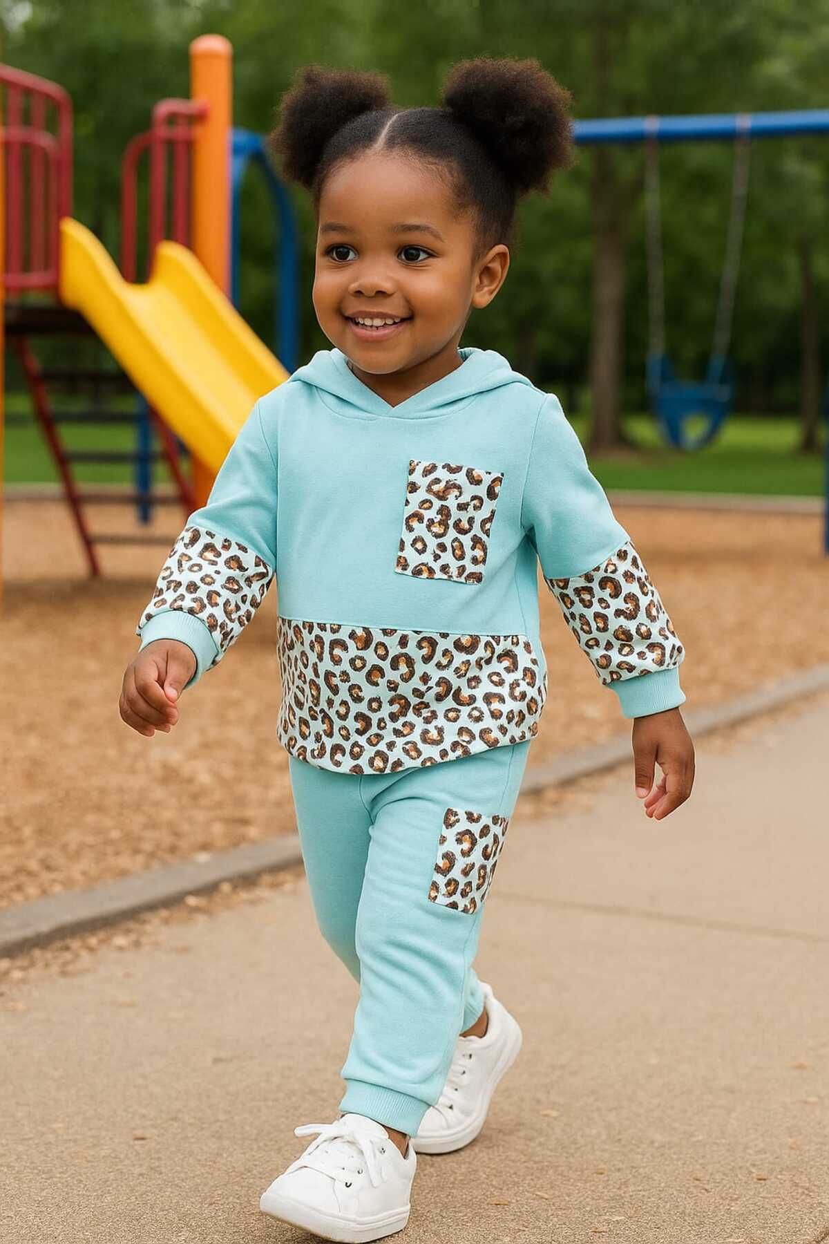 Pink cherry leopar detaylı ikili bebek ve çocuk takımı