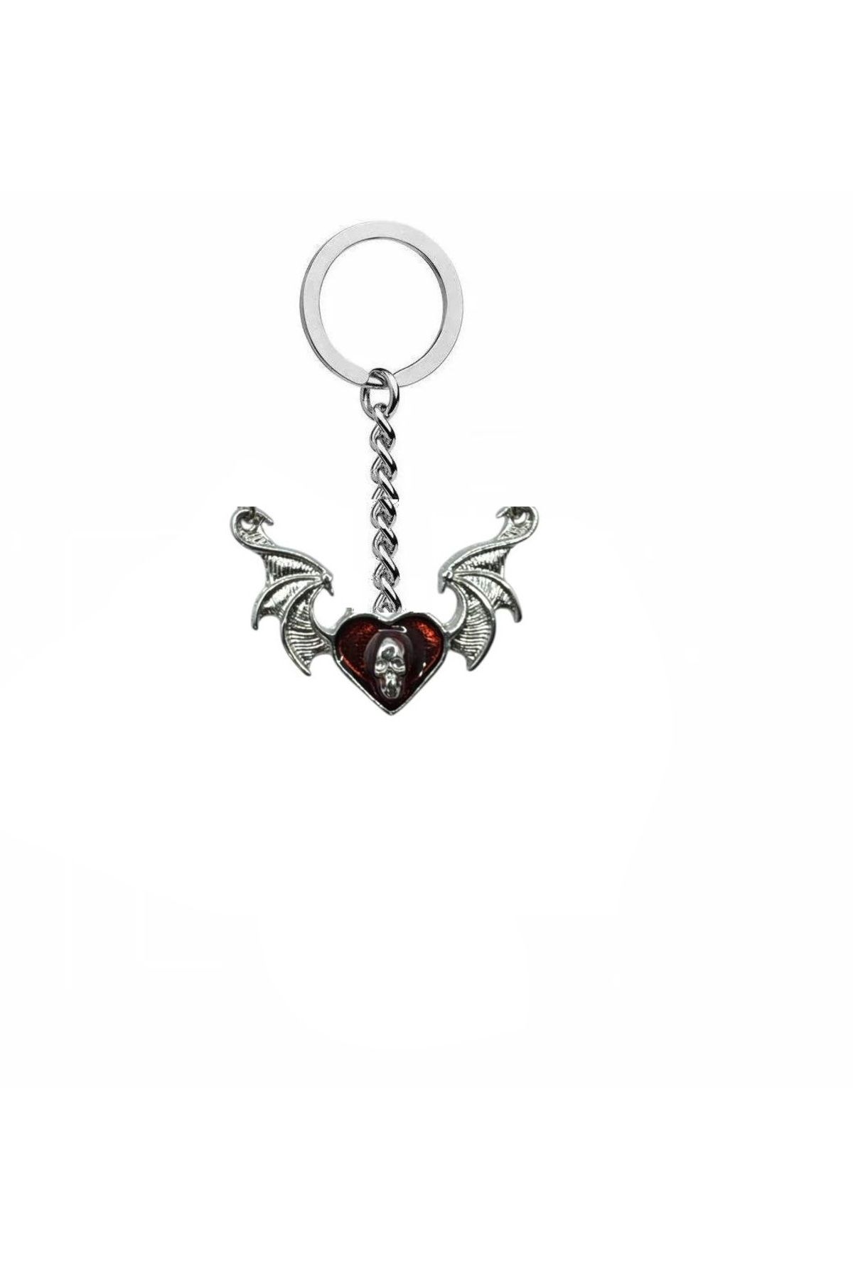 Herşey Nota Kırmızı Yarasa Kanatlı Skull Heart Unisex Gotik Anahtarlık – Asi Ruhun Karanlık Tutkusu