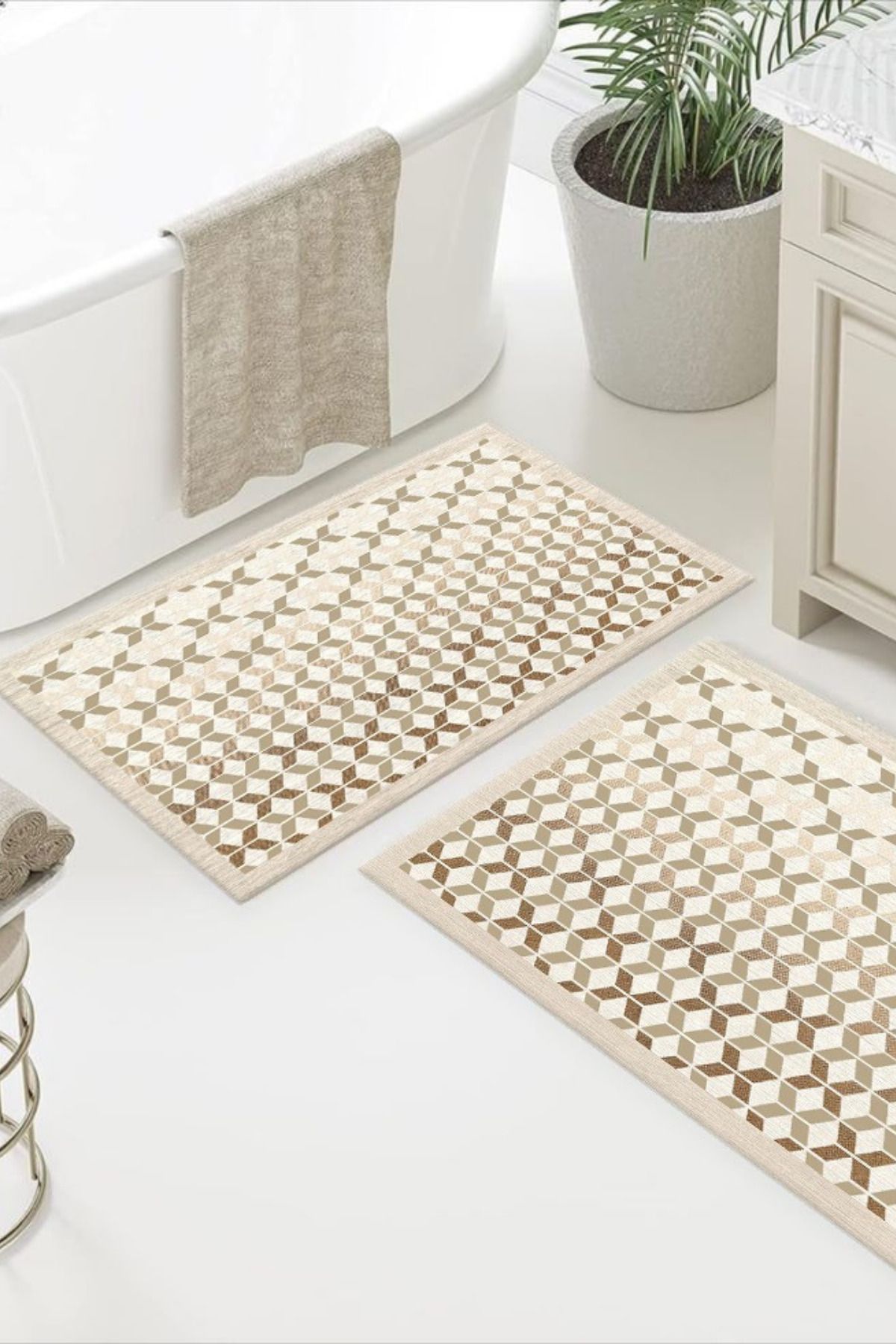 DERAS HOME 2'li Yıkanabilir Kaymaz Taban Banyo Paspası 60*100 Cm - 40*60 Cm
