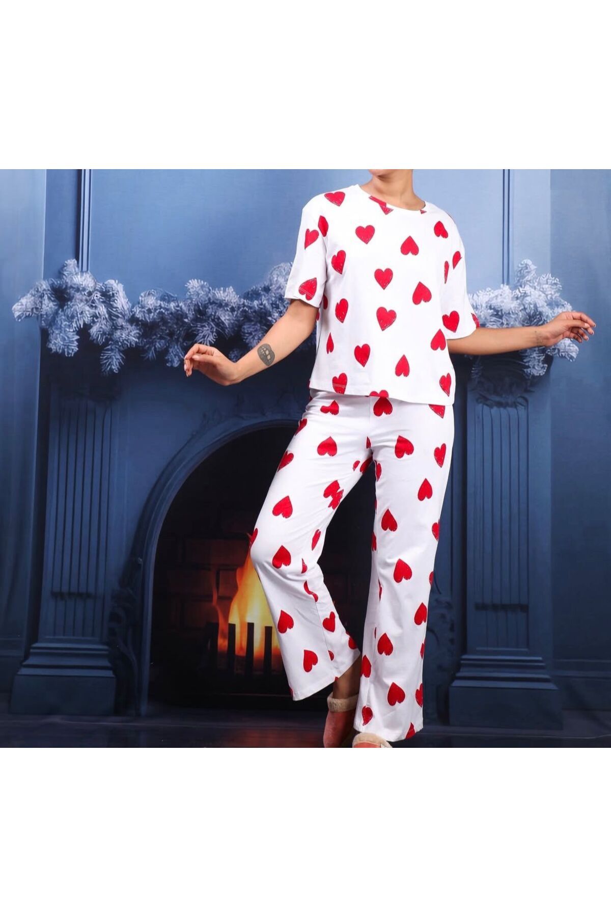 MODA Beyaz Kalpli Pamuklu Pijama Takımı