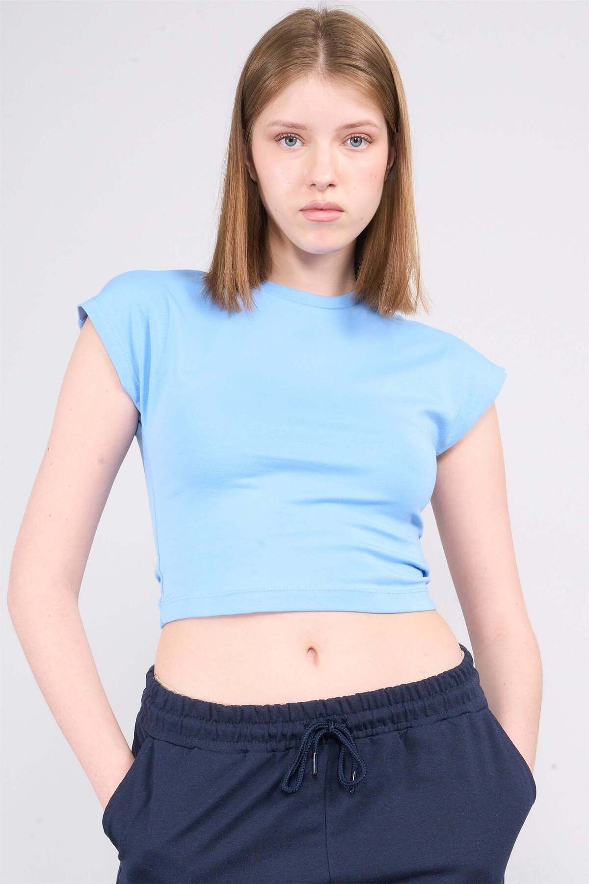 FİTHİT Çetinkaya Fithit 3266A Bisiklet Yaka 30/1 Likralı Süprem Crop T-shirt Açık Mavi