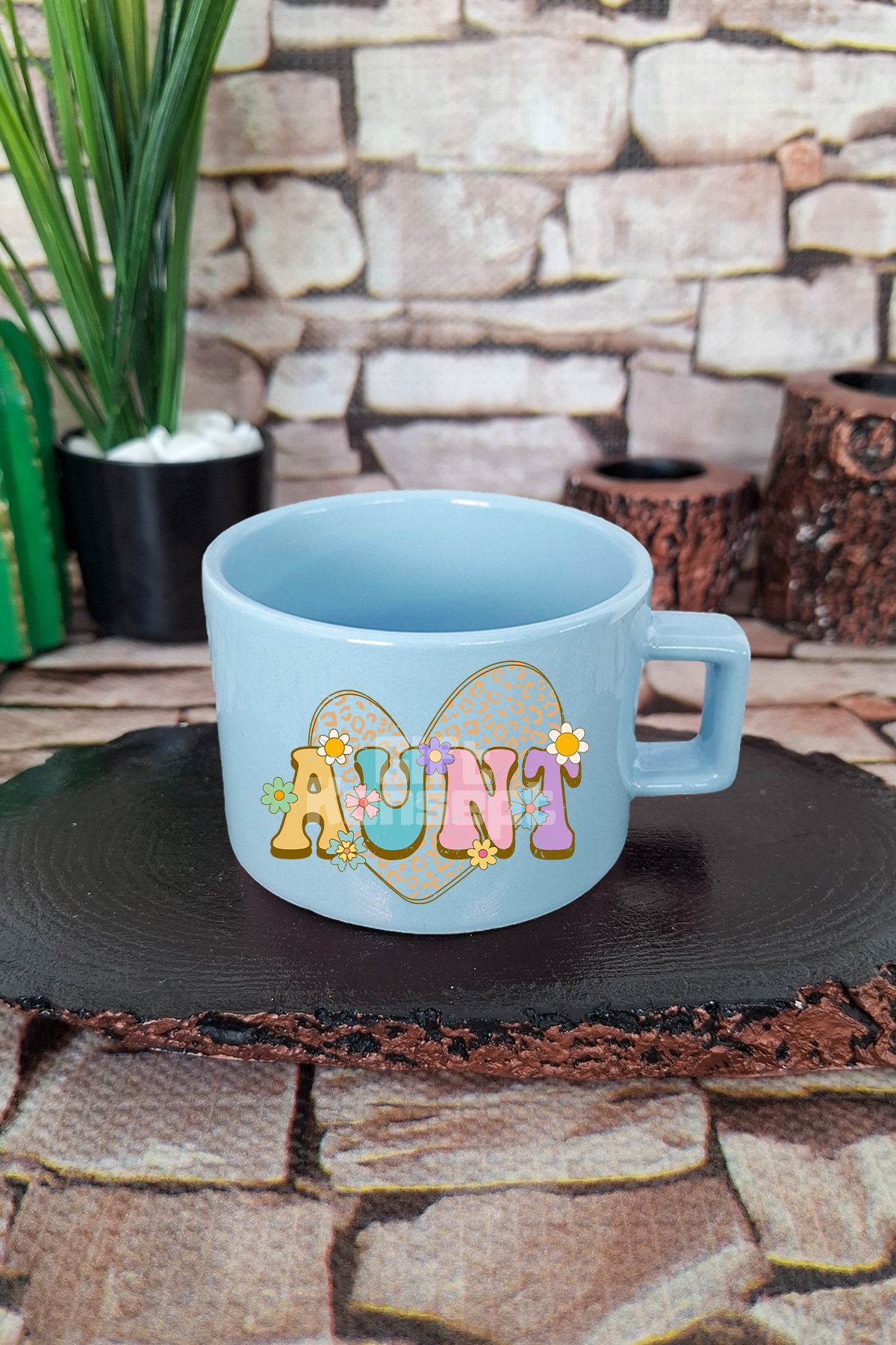 giftkonsept Aunt Retro Baskılı Vintage Tarz Hala Teyze Kare Kulplu Fincan Mavi Kupa Bardak
