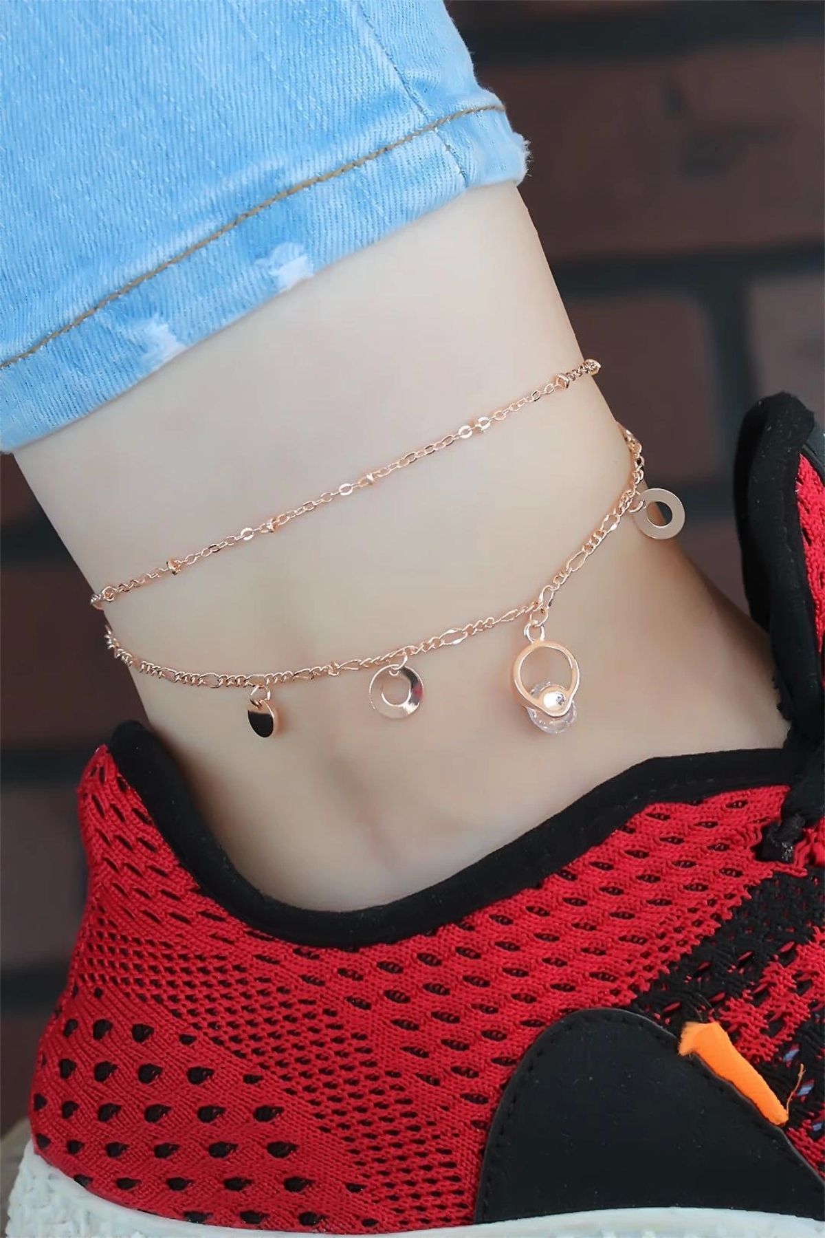 Moco Kristal Taşlı Halkalı Rose Renk Çift Zincirli Hal Hal