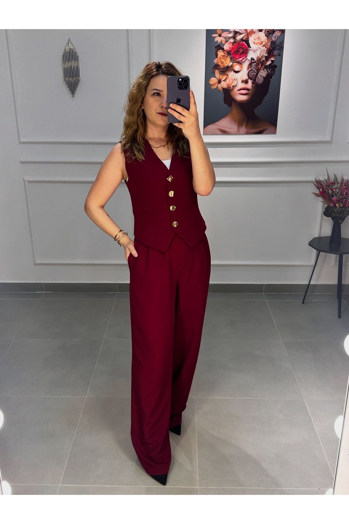 Butik Kadın yelekli takım bordo