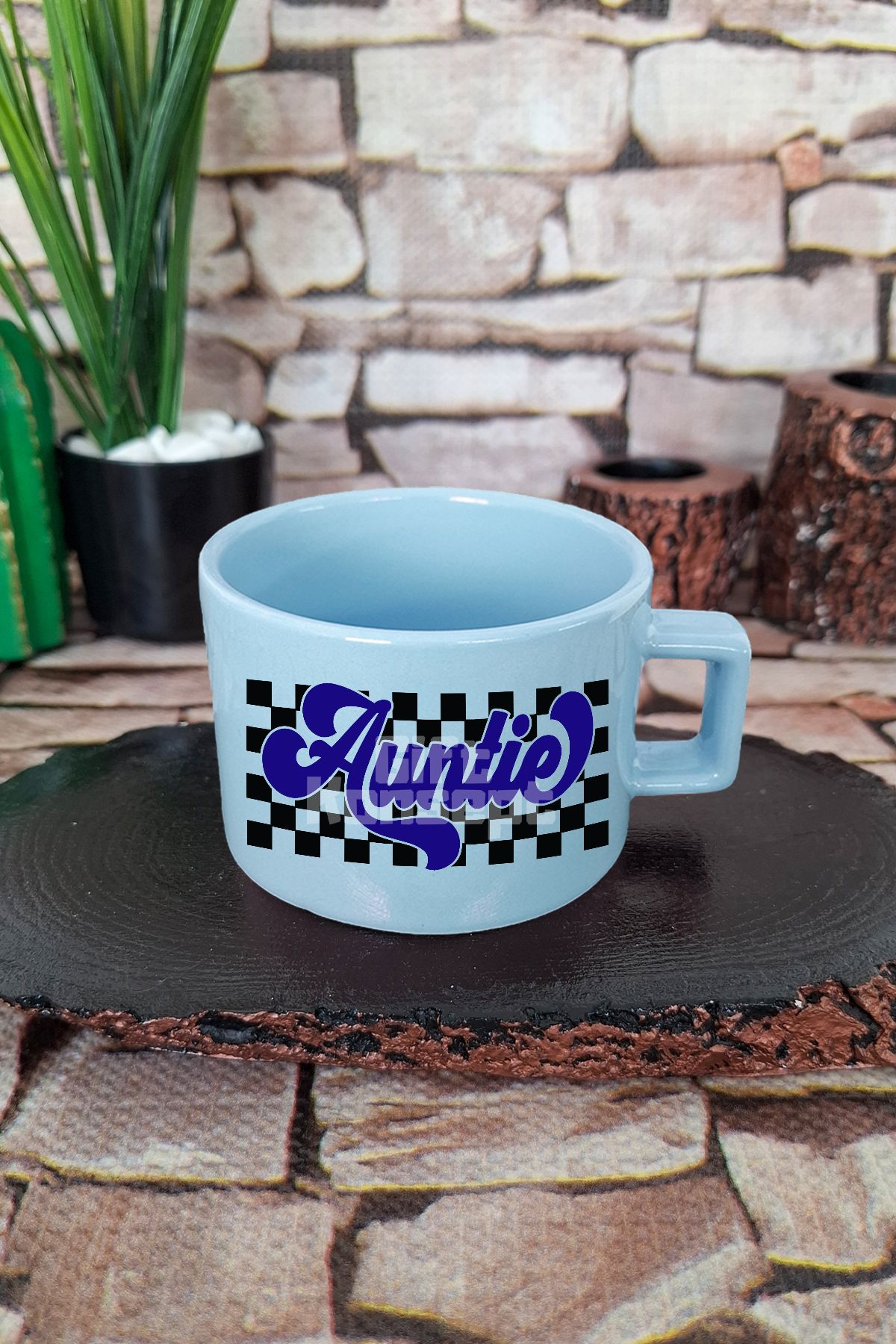 giftkonsept Auntie Baskılı Hala Teyze Kare Kulplu Fincan Mavi Kupa Bardak