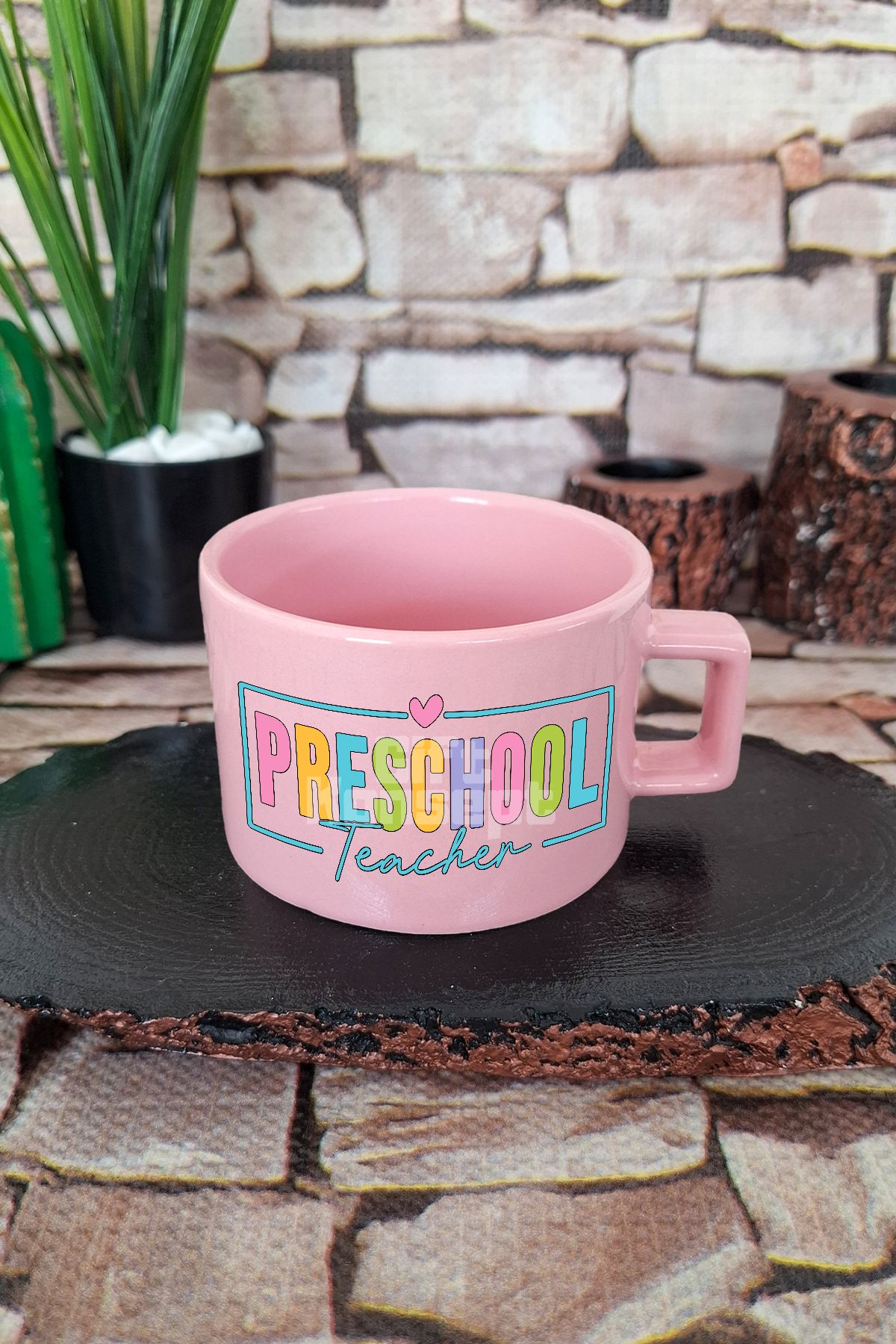 giftkonsept Preschool Teacher Baskılı Okul Öncesi Eğitimcisi Kare Kulplu Fincan Pembe Kupa Bardak