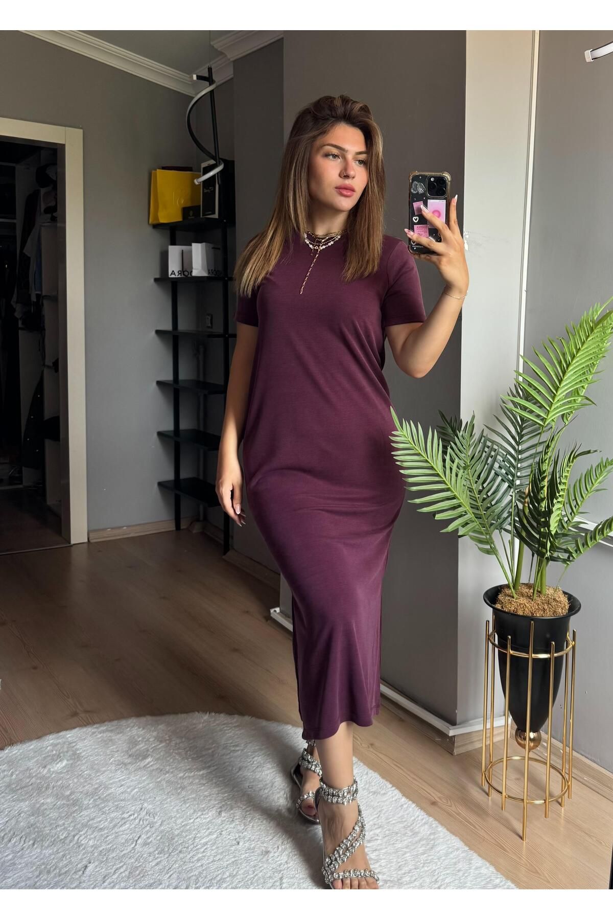 Qenz Yırtmaçlı Günlük Modal Elbise -Mürdüm